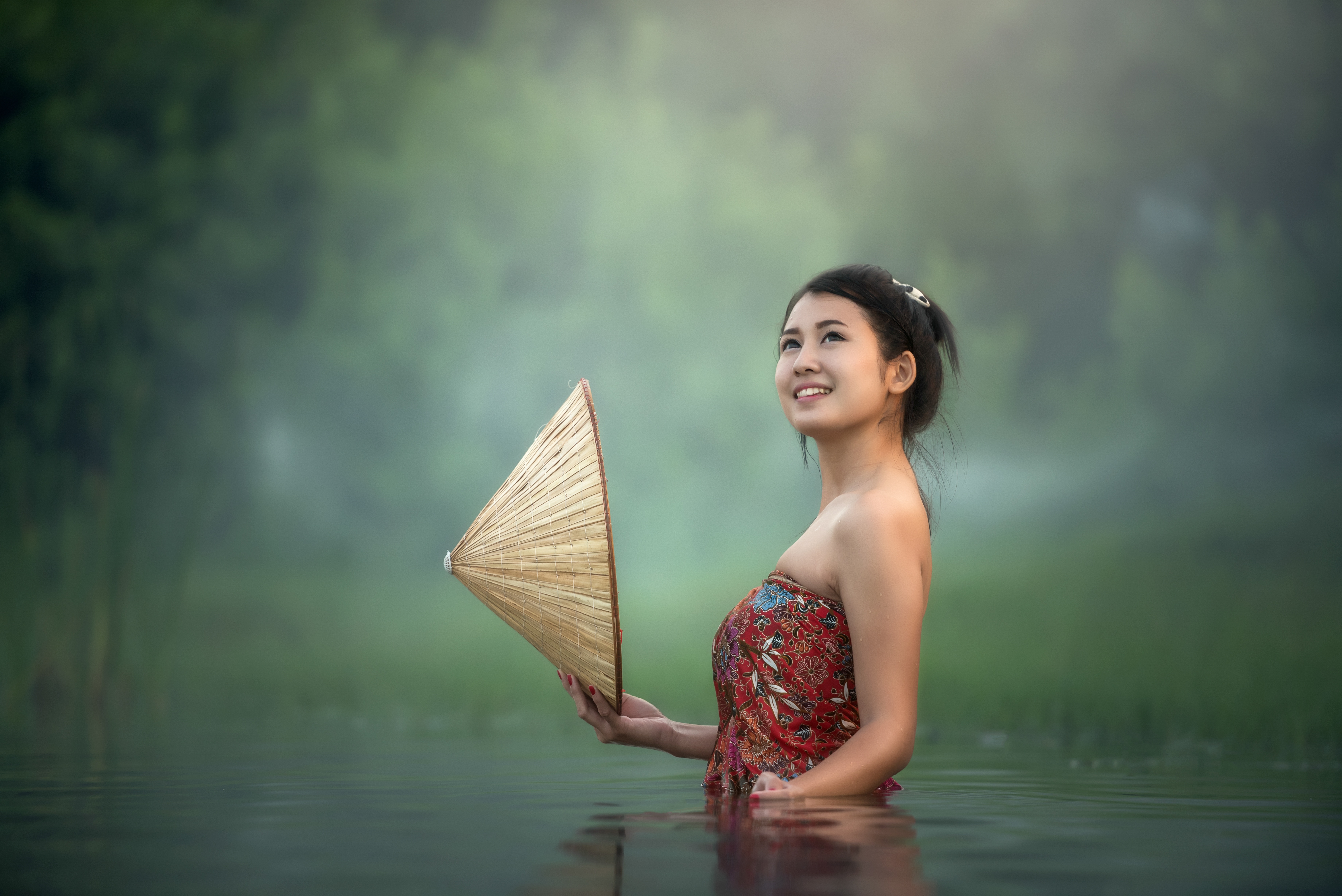 HD wallpaper, Thailand, Portrait, Asian Girl, Pond, 5K, 8K, Smiling, Bath Time, Lake, Teen