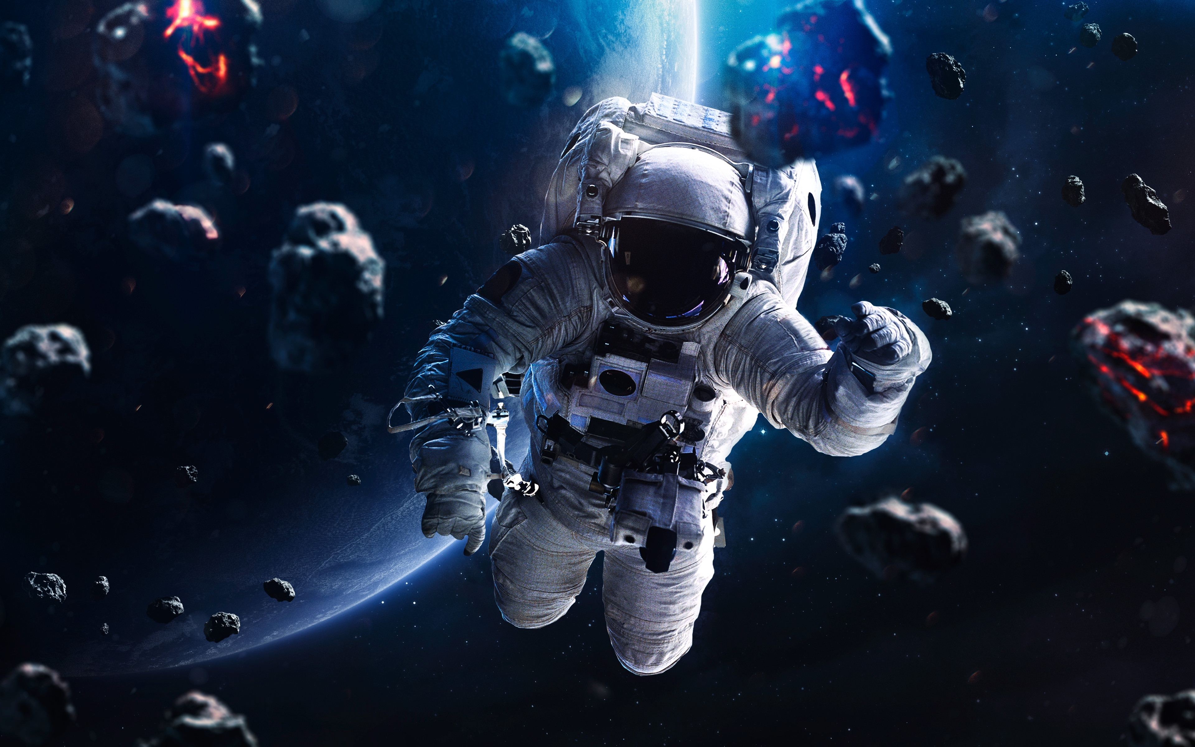 HD wallpaper, No Gravity, Space Travel, Astronaut, Blue Planet, Asteroids