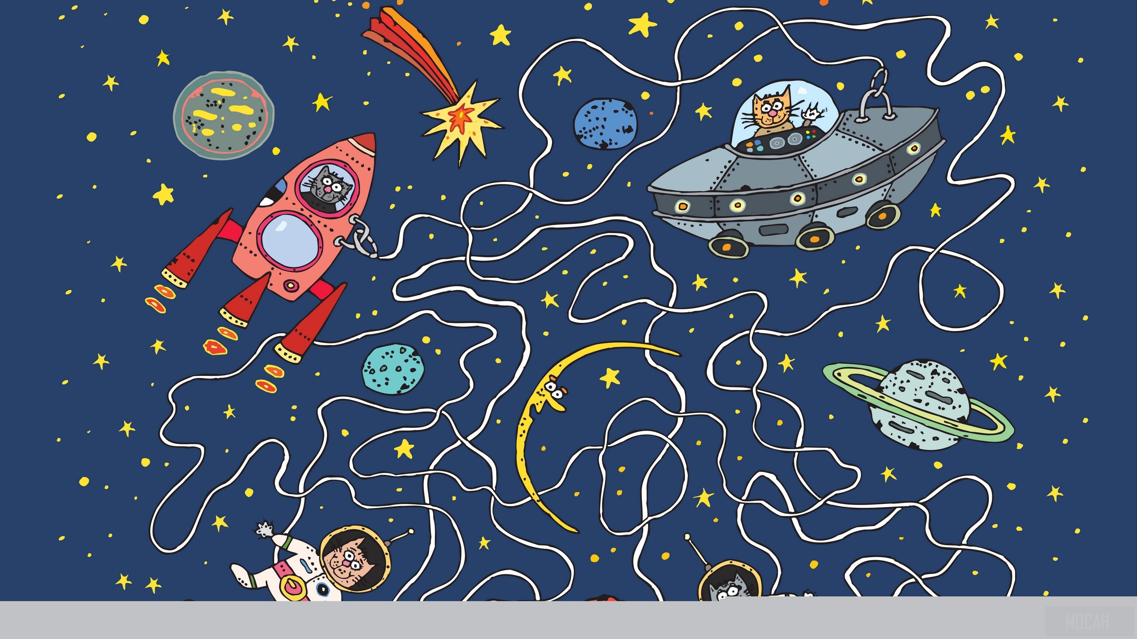 HD wallpaper, Planet, Rocket, Astronauts, Cats, Art, Funny 4K