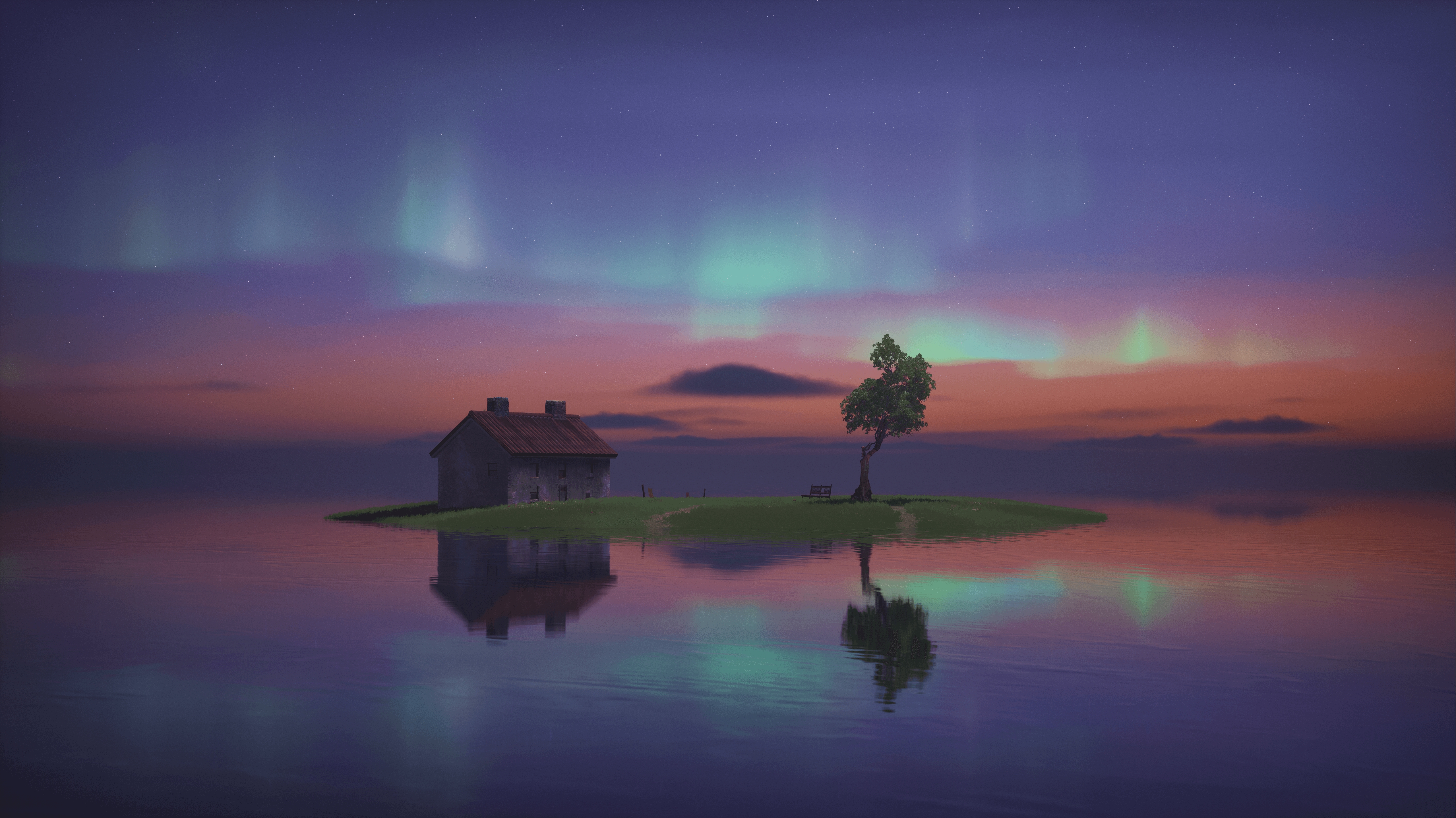 HD wallpaper, Sunset, Twilight, Lone Tree, Evening Sky, House, Lake, 5K, Body Of Water, Aurora Borealis, Island, Reflections