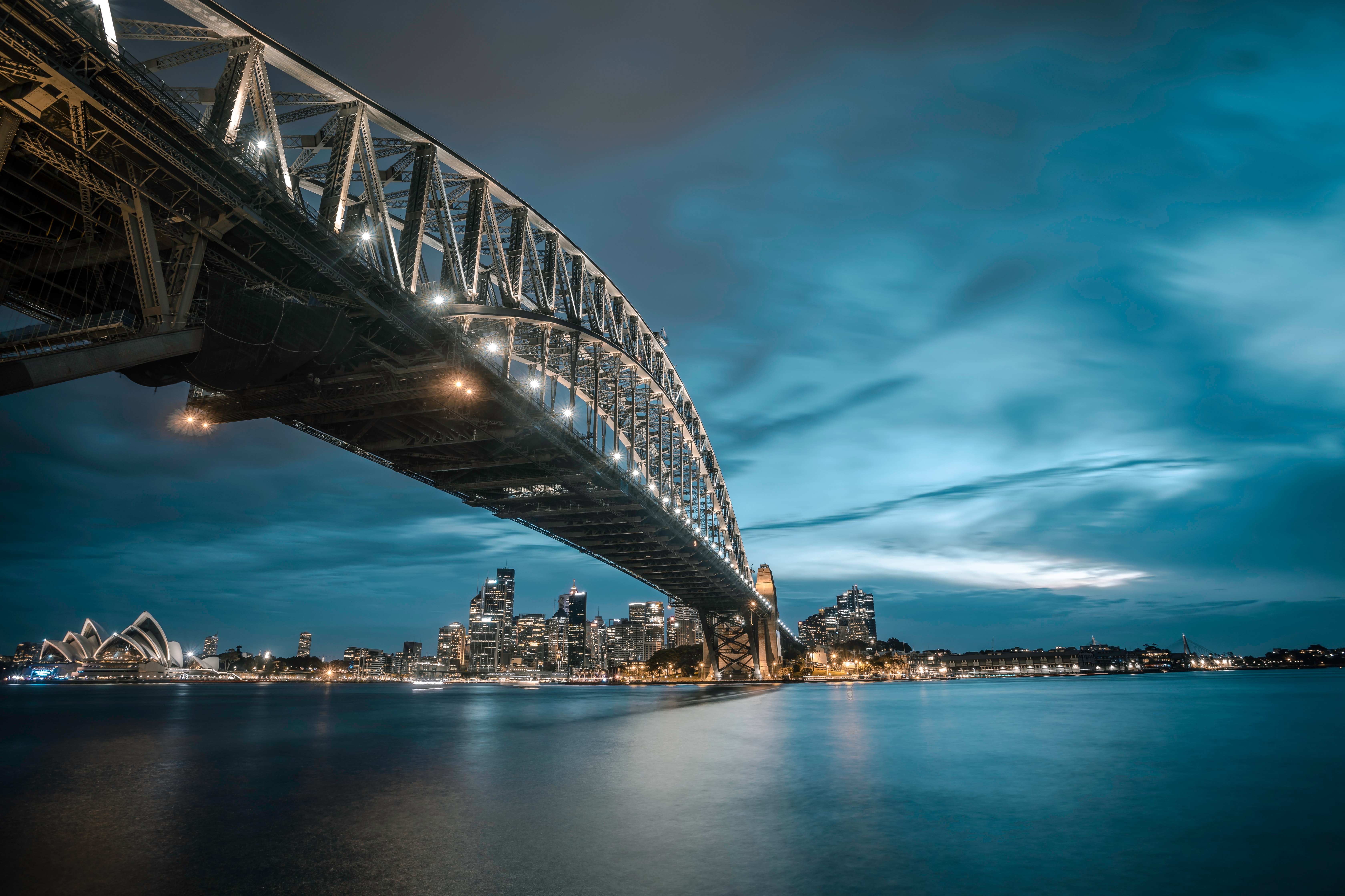 HD wallpaper, Australia, 5K, Sydney Harbour Bridge, Night Lights, Cityscape, Blue Sky, River, Milsons Point