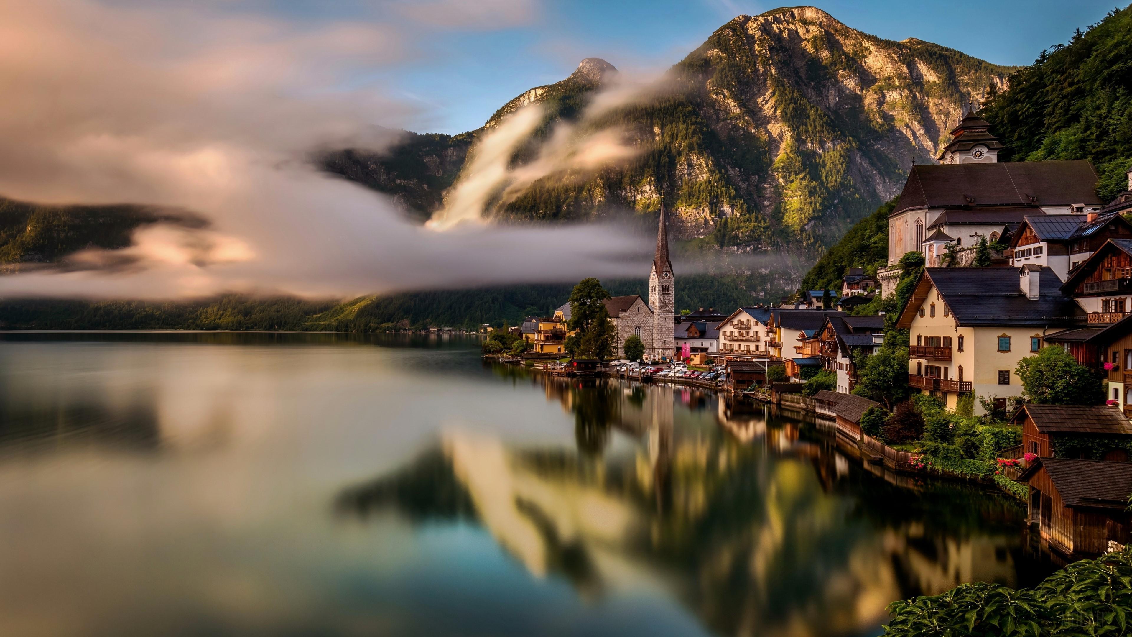 HD wallpaper, Reflection 4K, Mountain, Lake, Austria, House, Hallstatt