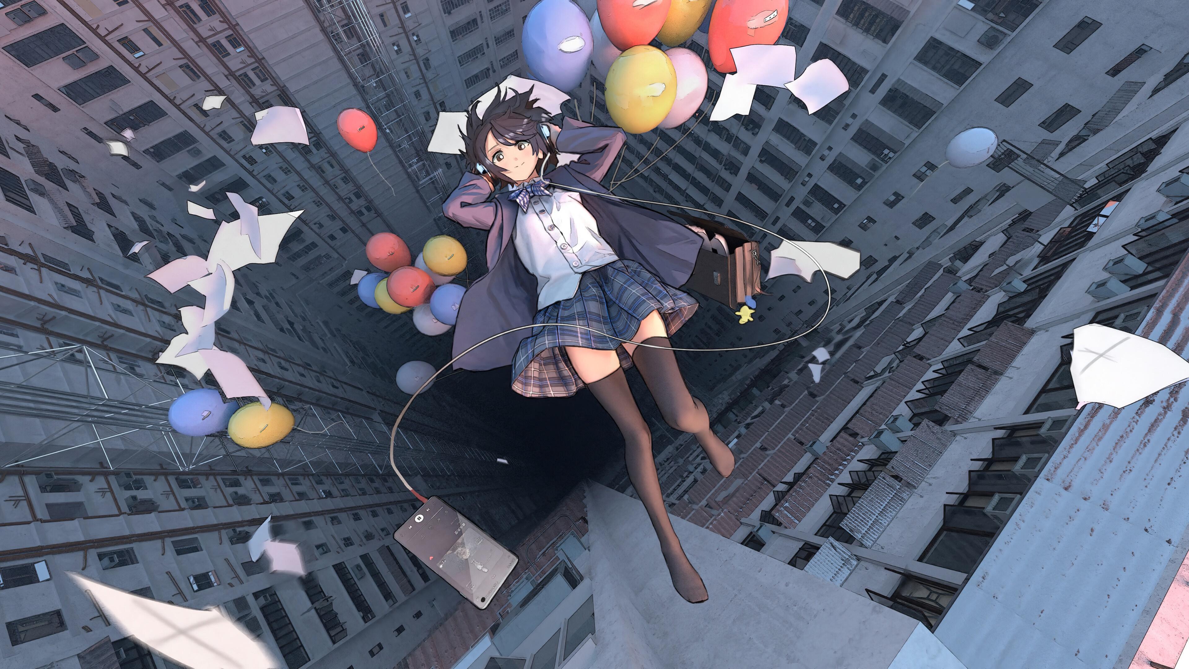 HD wallpaper, School, Falling, Anime, Balloons, Student, 4K, Girl, Hd, Uniform, Wallpaper