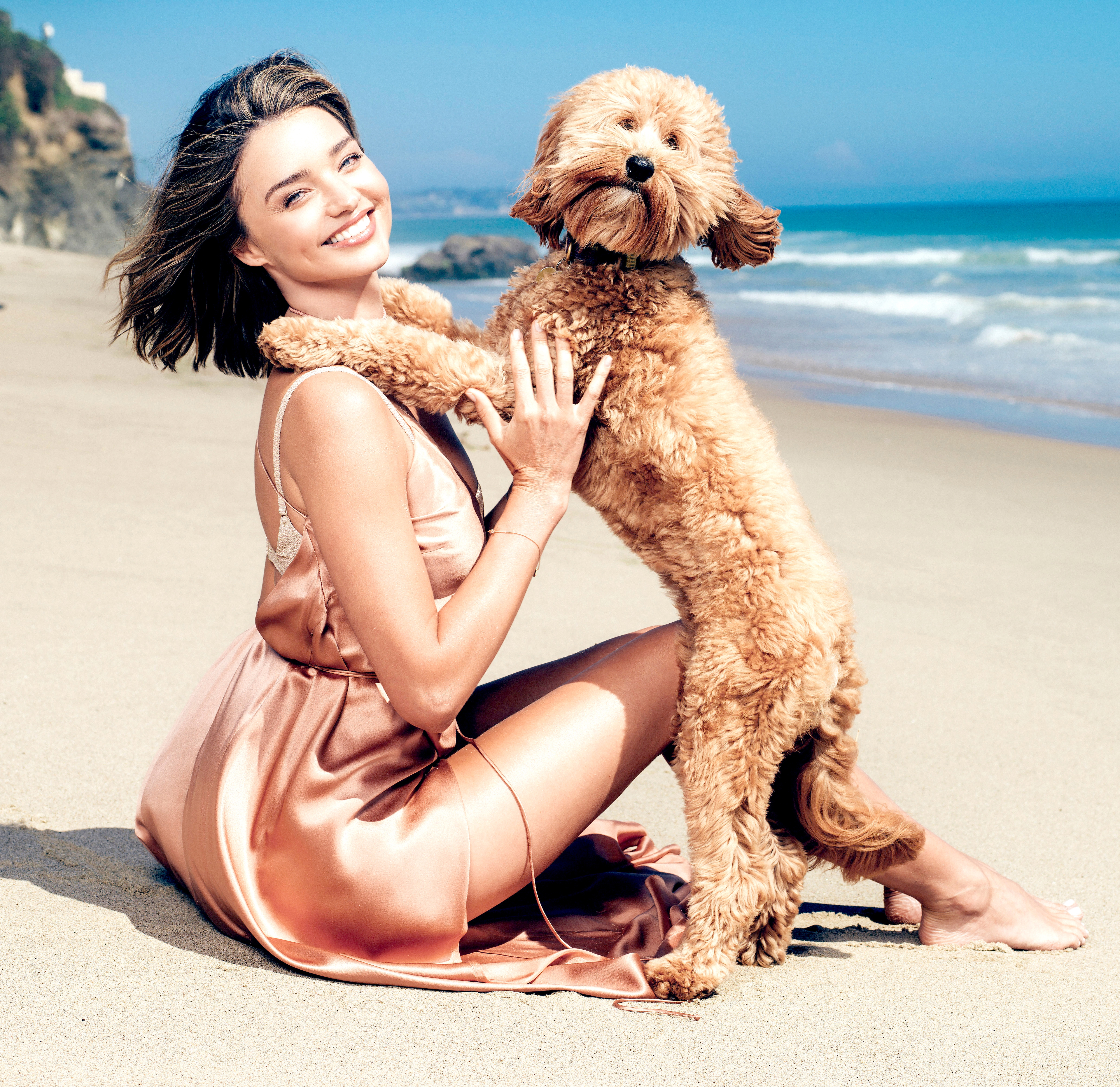 HD wallpaper, Miranda Kerr, Pet Dog, Beach, Photoshoot