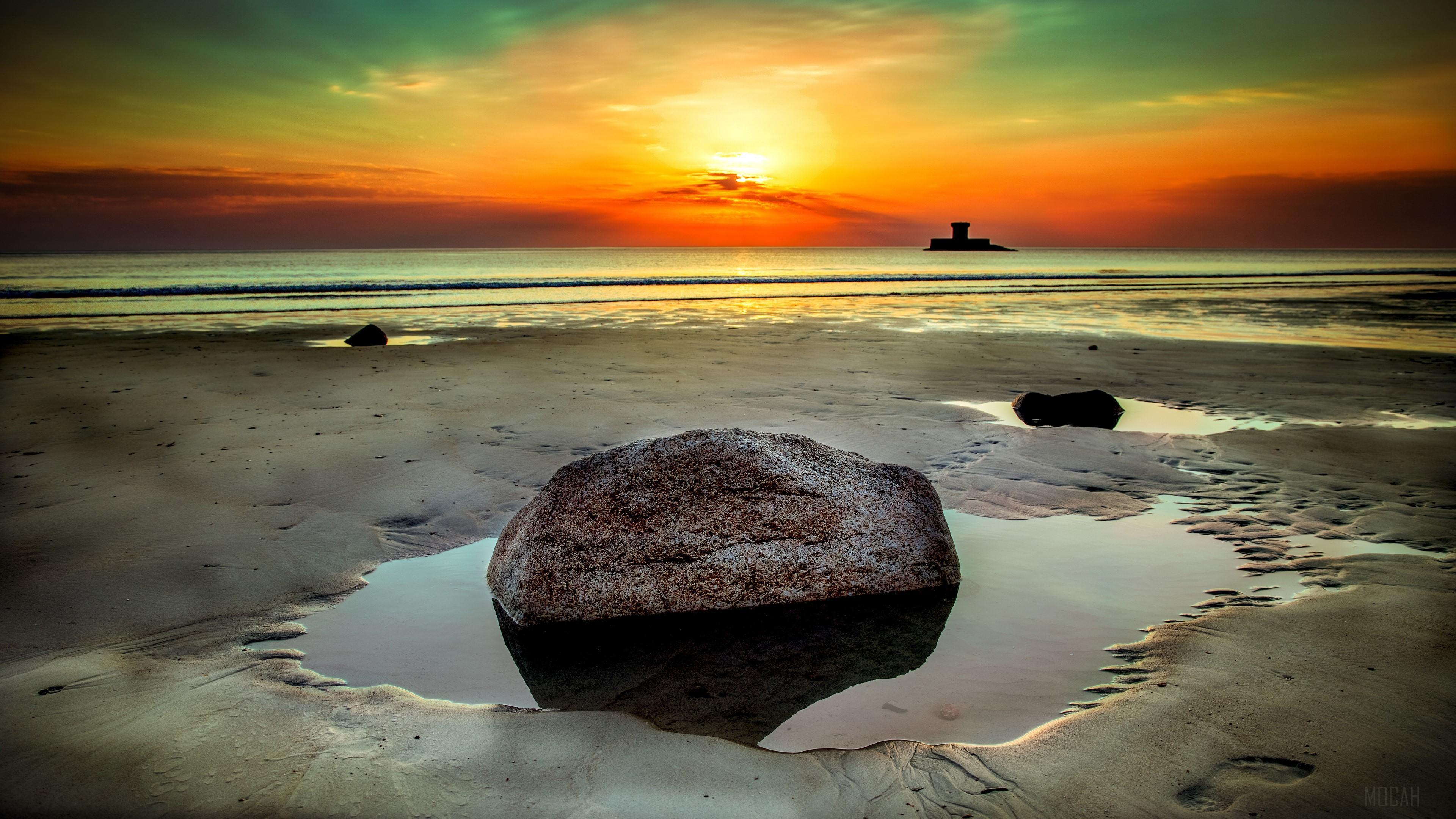 HD wallpaper, Beach Stone Rock Seashore Clouds Sunset 4K