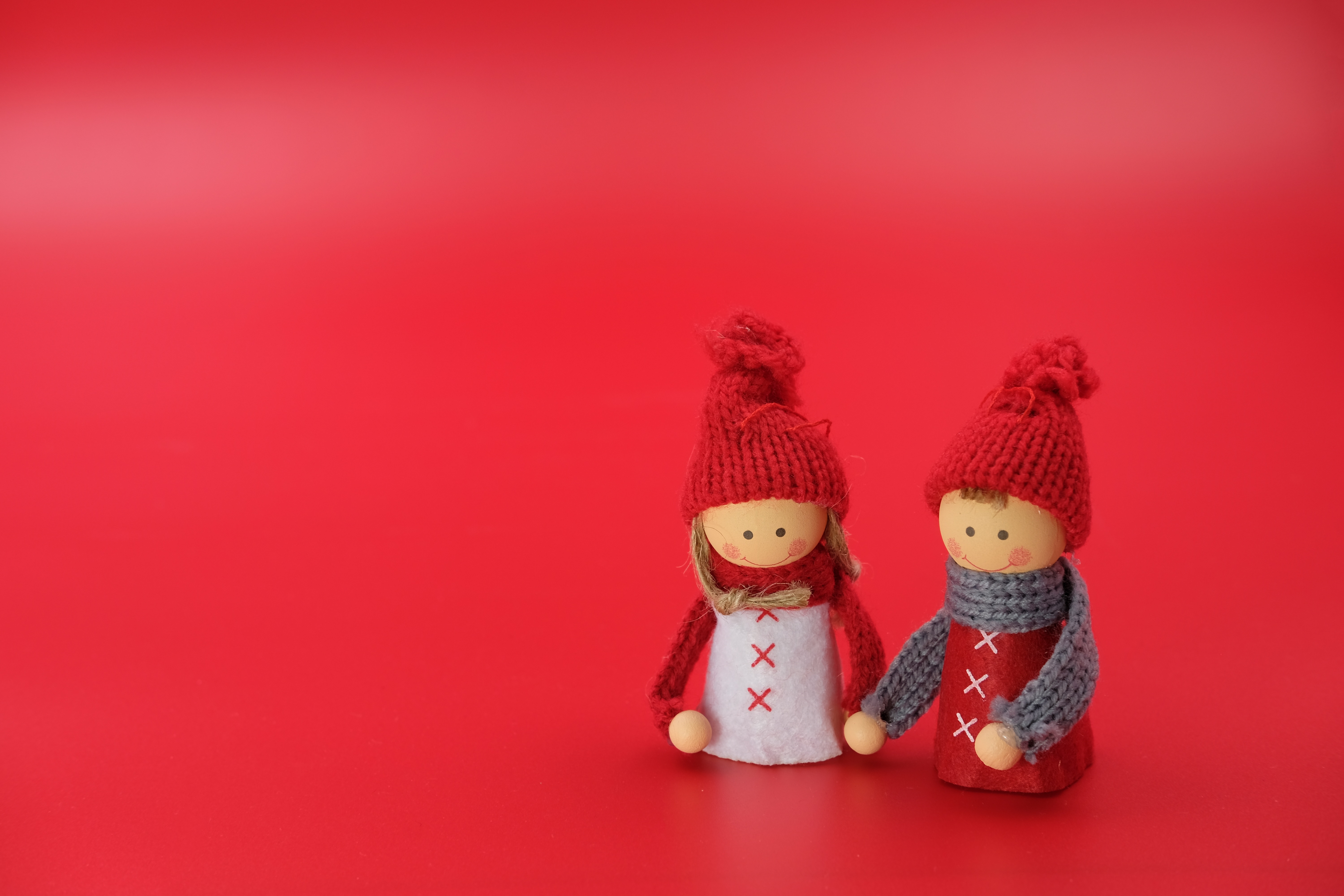HD wallpaper, Closeup, Art And Crafts, Beautiful, Doll, Christmas Decoration, Figures, Woman, 5K, Cute Dolls, Man, Red Background