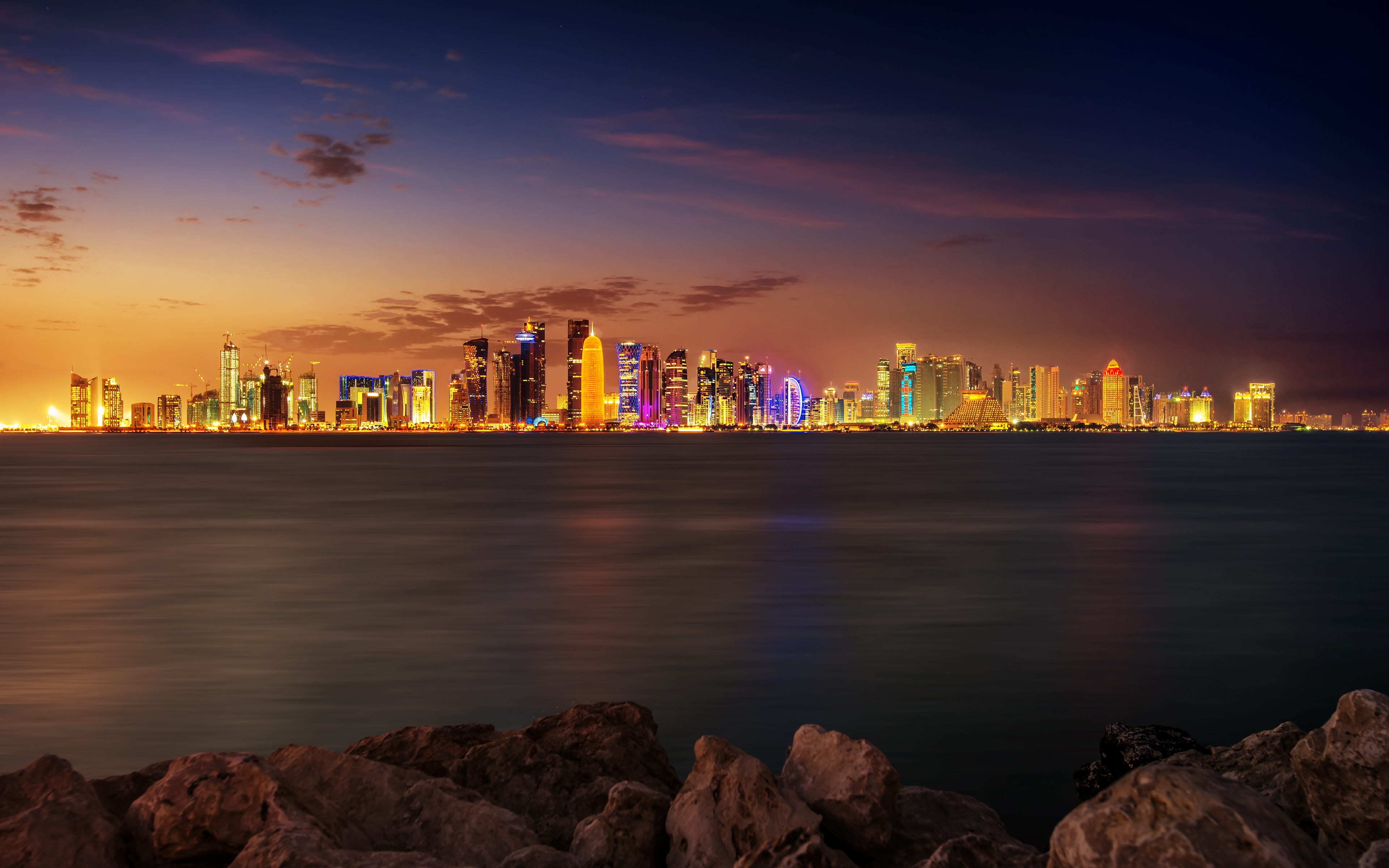HD wallpaper, Night Time, Beautiful, Long Exposure, Landscape, City Lights, Qatar, Body Of Water, Doha City, Cityscape, Skyline, Skyscrapers