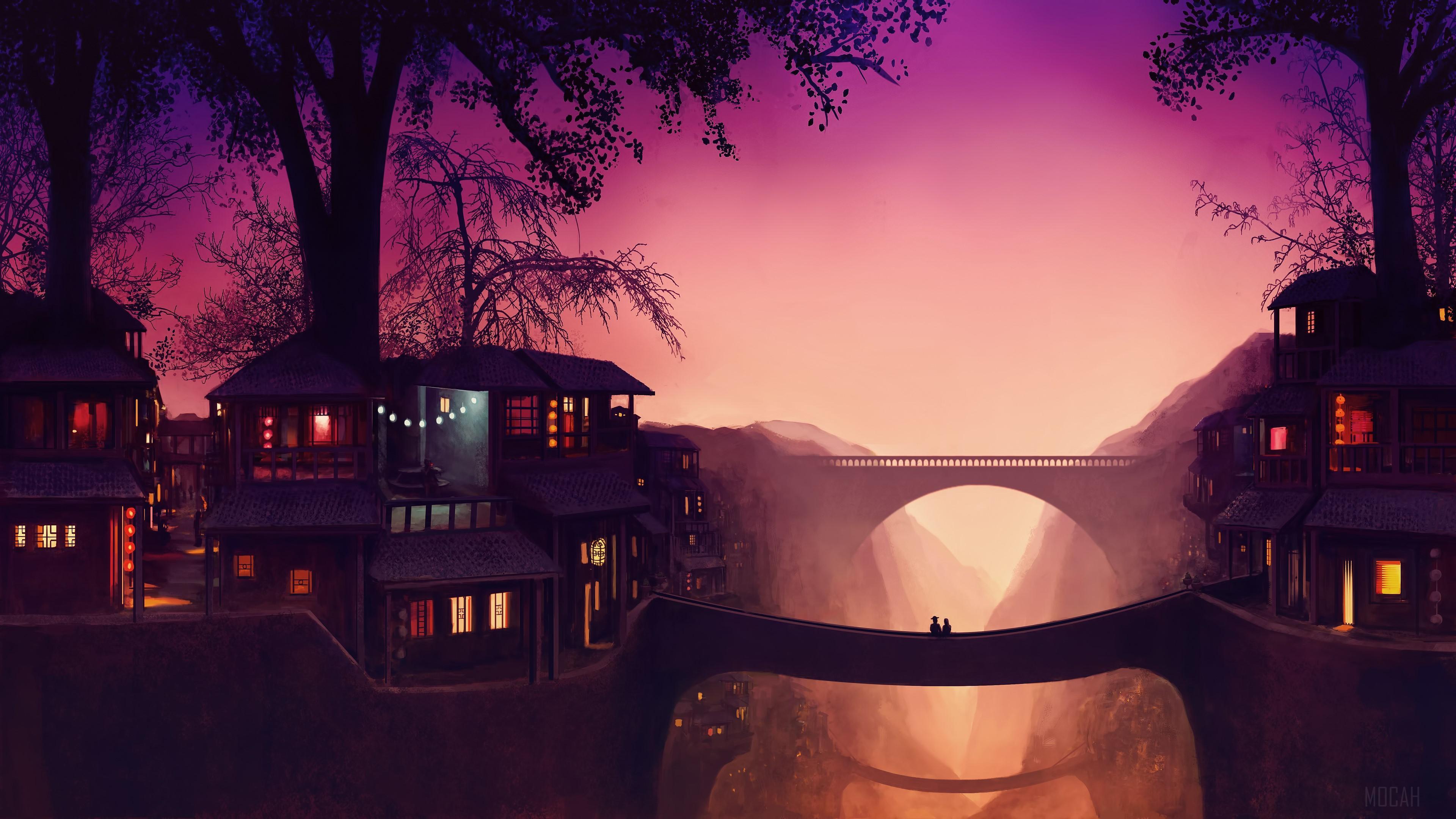 HD wallpaper, Beautiful Science Fiction Couple Staning On Town Bridge 4K