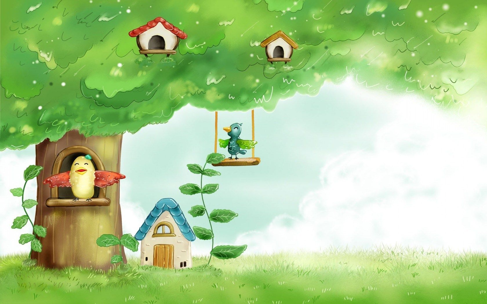 HD wallpaper, Tale, Leaves, Drawing, Grass, Birds, Fairy, Tree, Painting, Houses, Childhood