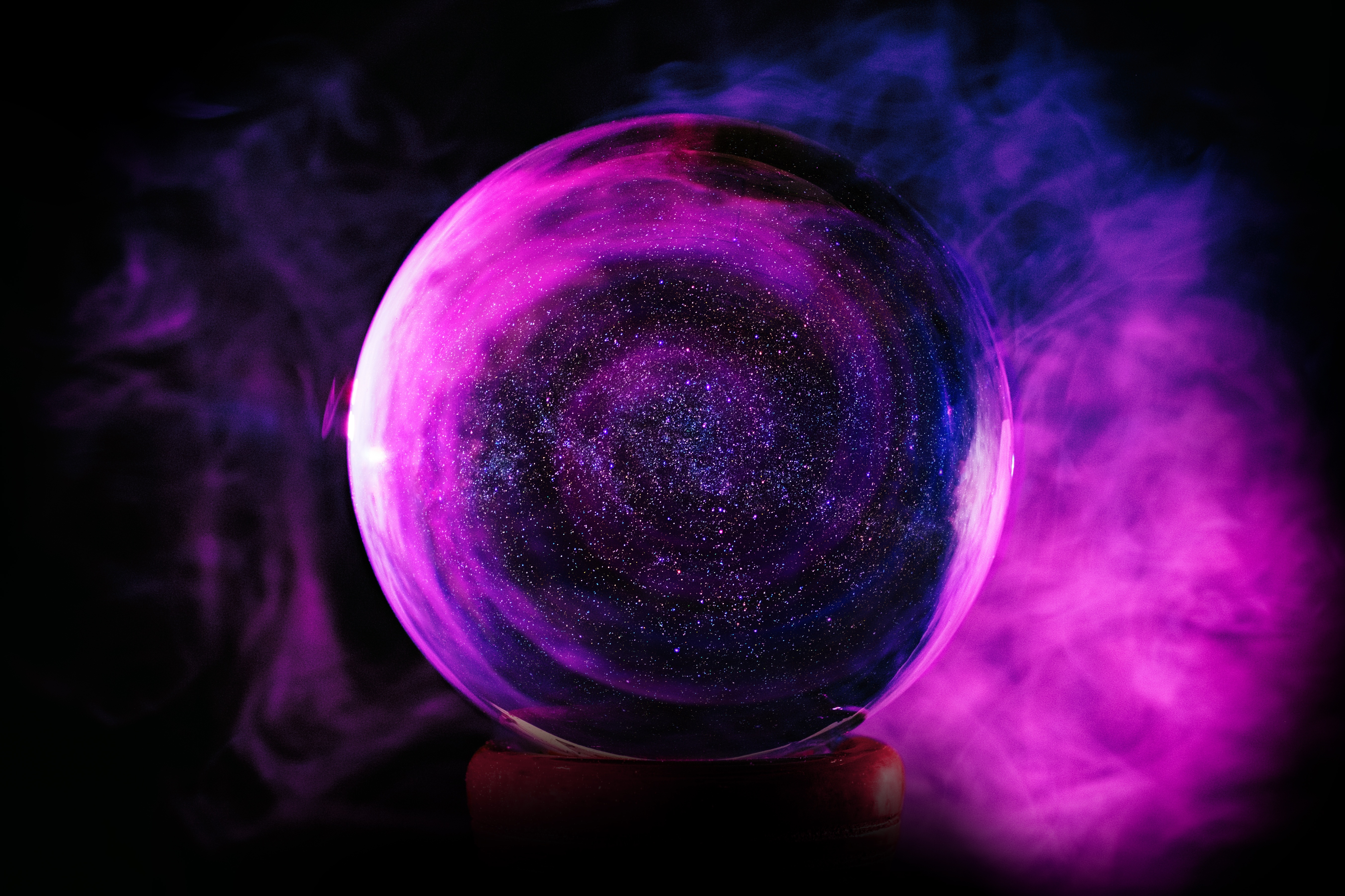 HD wallpaper, Purple Smoke, Crystal Ball, Glass Ball, Black Background, 5K, Sphere Balls