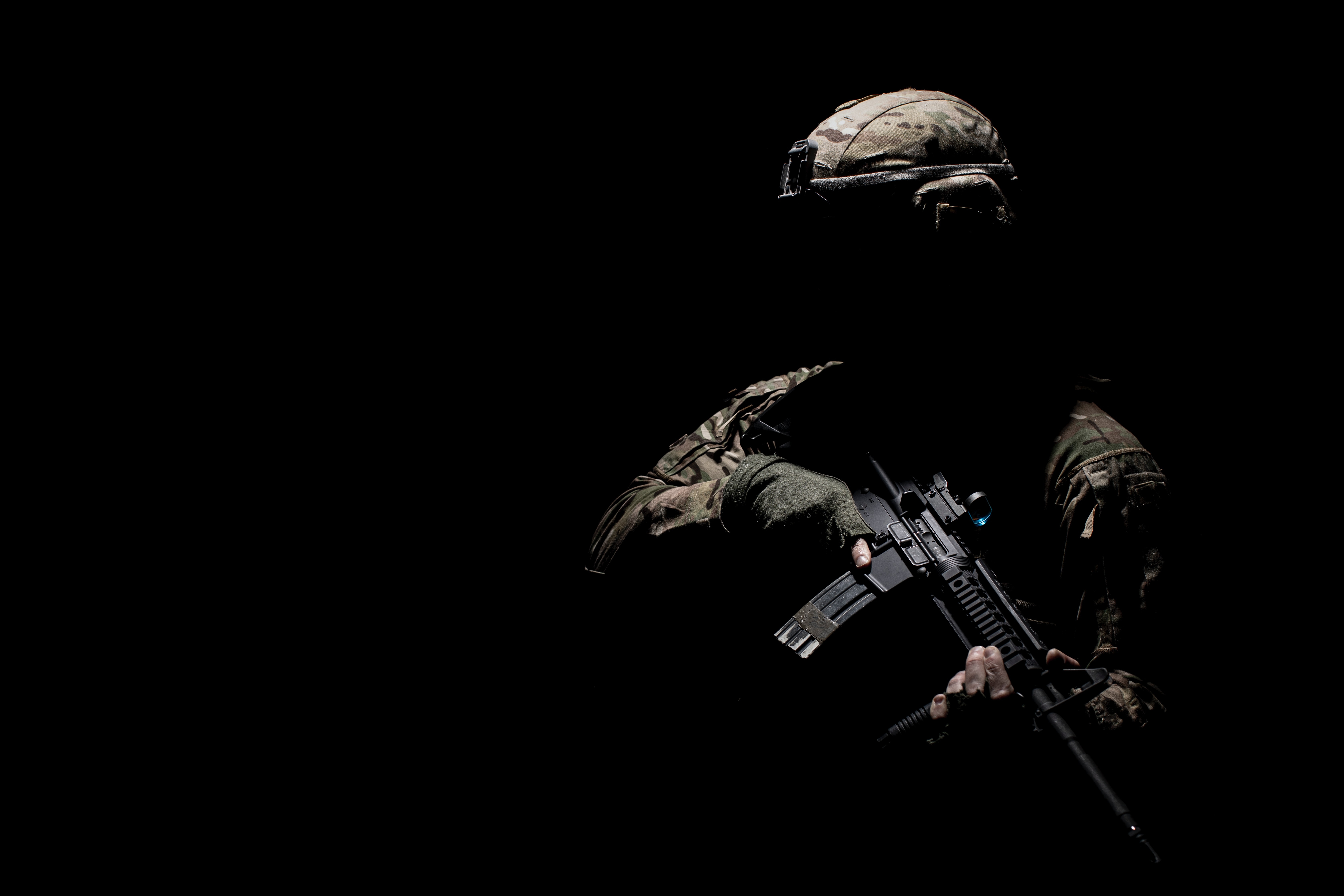 HD wallpaper, Silhouette, Machine Gun, War, Black Background, 5K, Soldier
