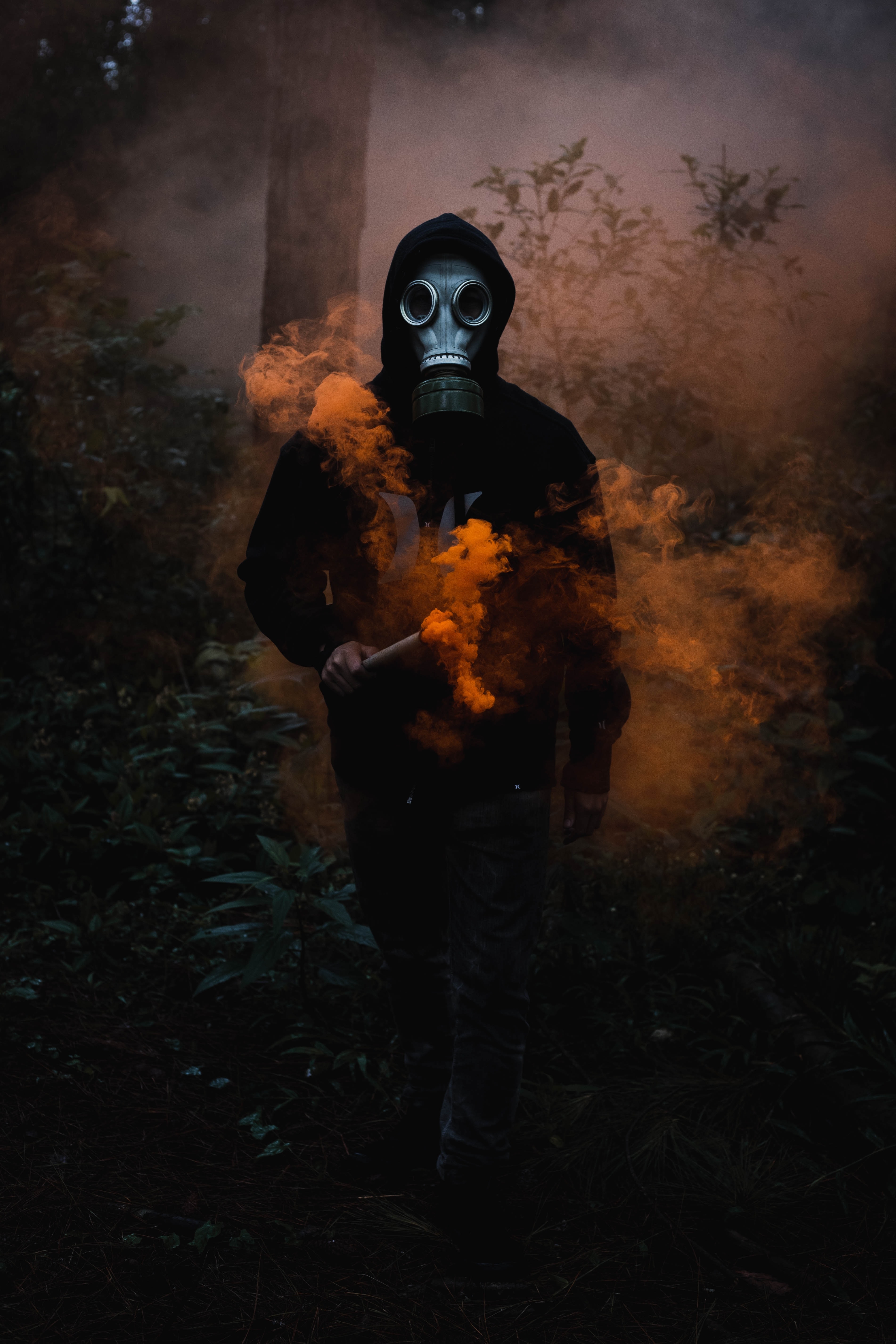 HD wallpaper, Man In Mask, Black Jacket, Smoke Can, Dark Background, 5K, Orange Smoke