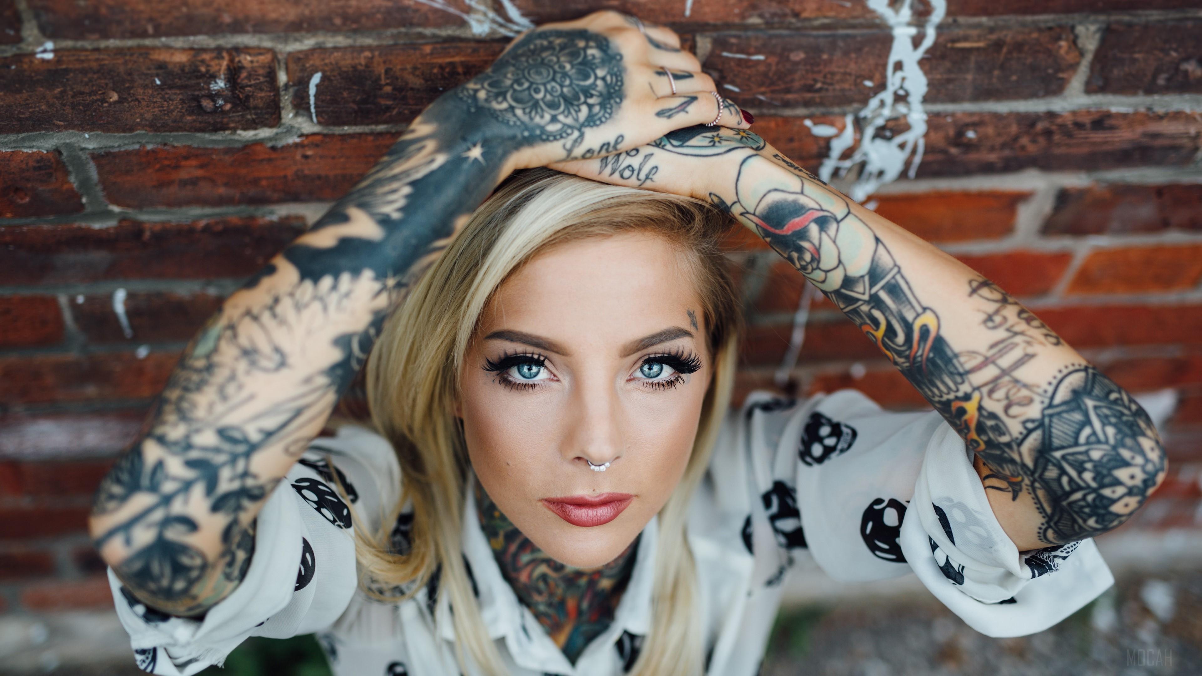 HD wallpaper, Blue Eyes, Tattoo, Blonde, Woman 4K, Model