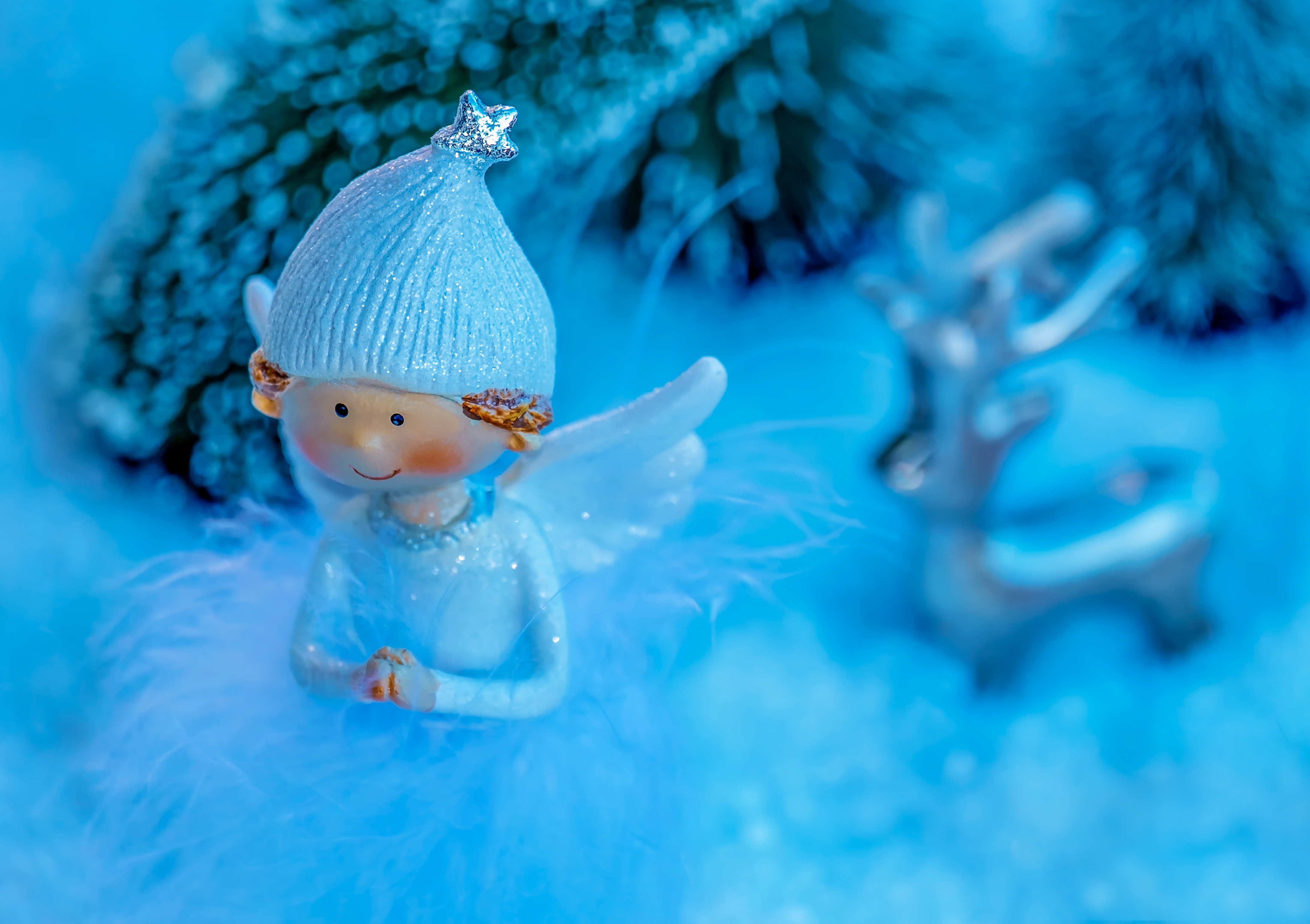 HD wallpaper, Christmas Decoration, Wings, Blue Angel, Blue Background, Cute Figure, Cap