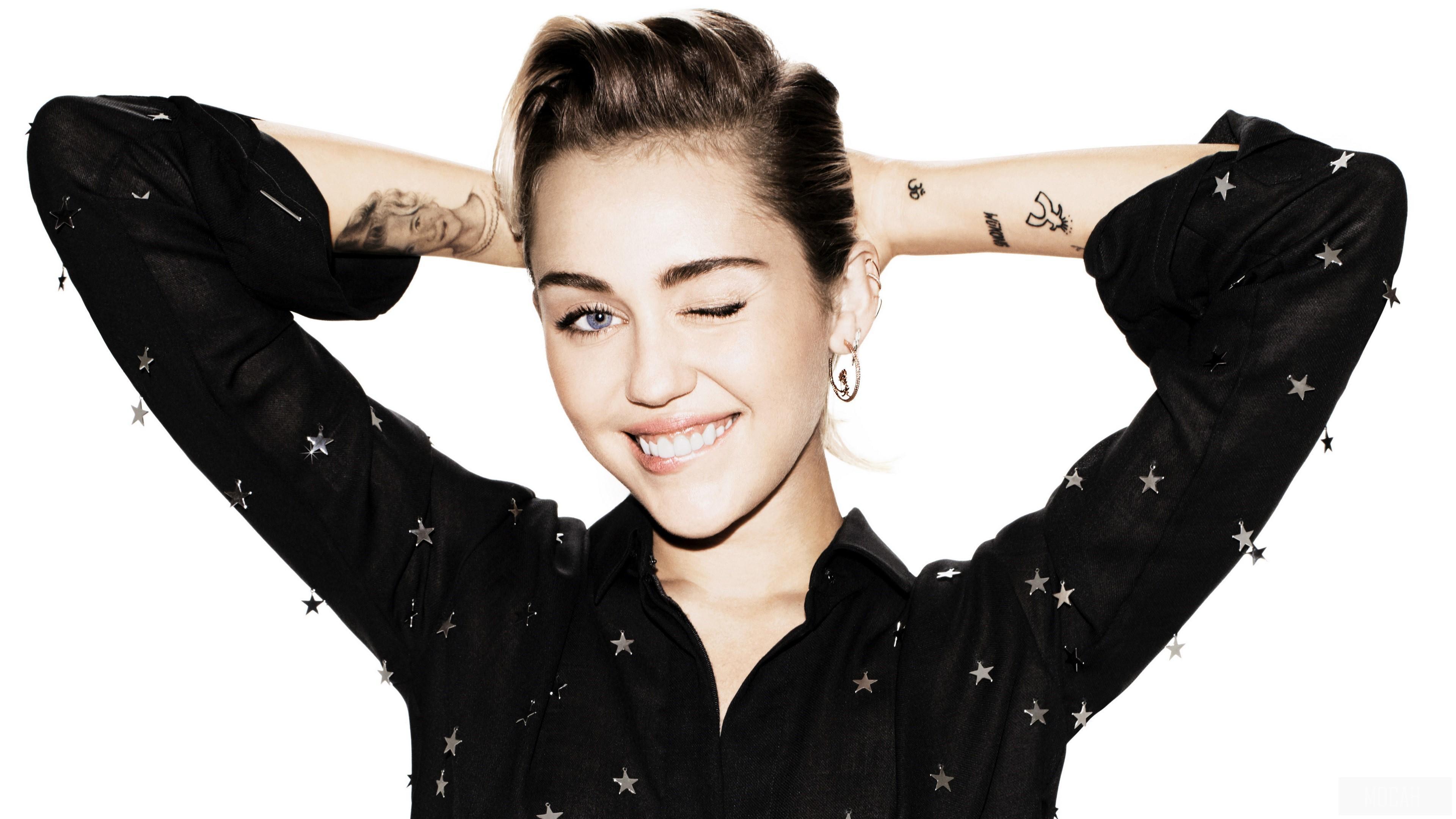 HD wallpaper, Actress, Brunette, American, Wink 4K, Miley Cyrus, Blue Eyes, Singer, Smile, Tattoo