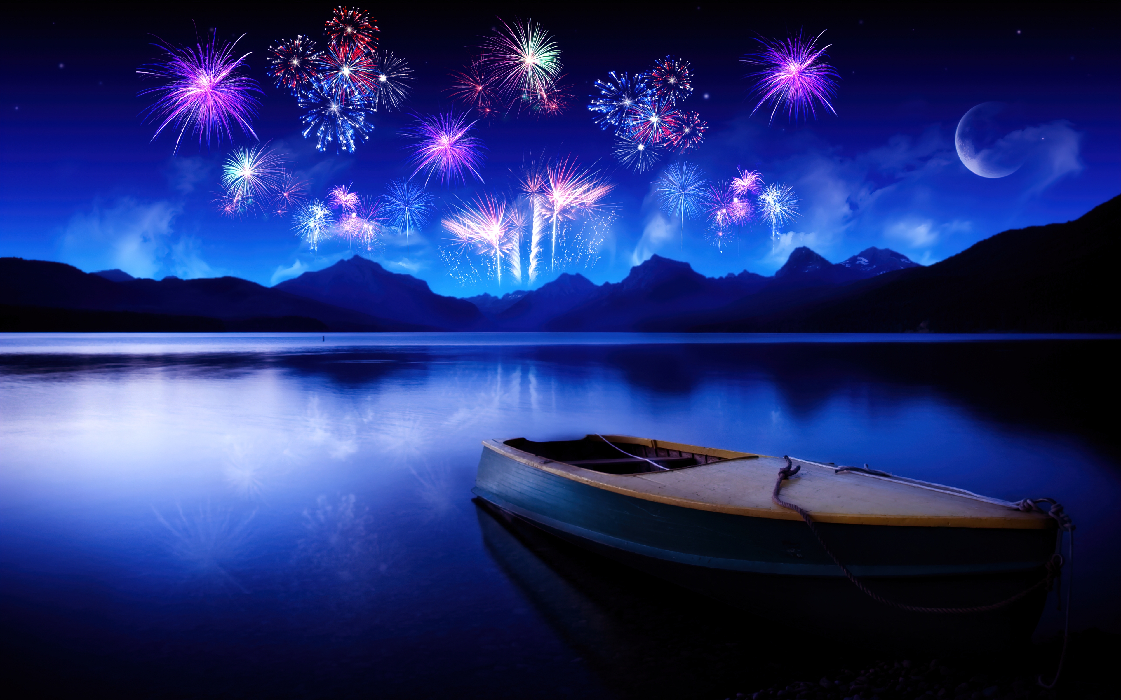 HD wallpaper, Lake, Fireworks, New Year, Crescent Moon, Night, Mountains, Boat, Reflections, New Year Celebrations, Blue