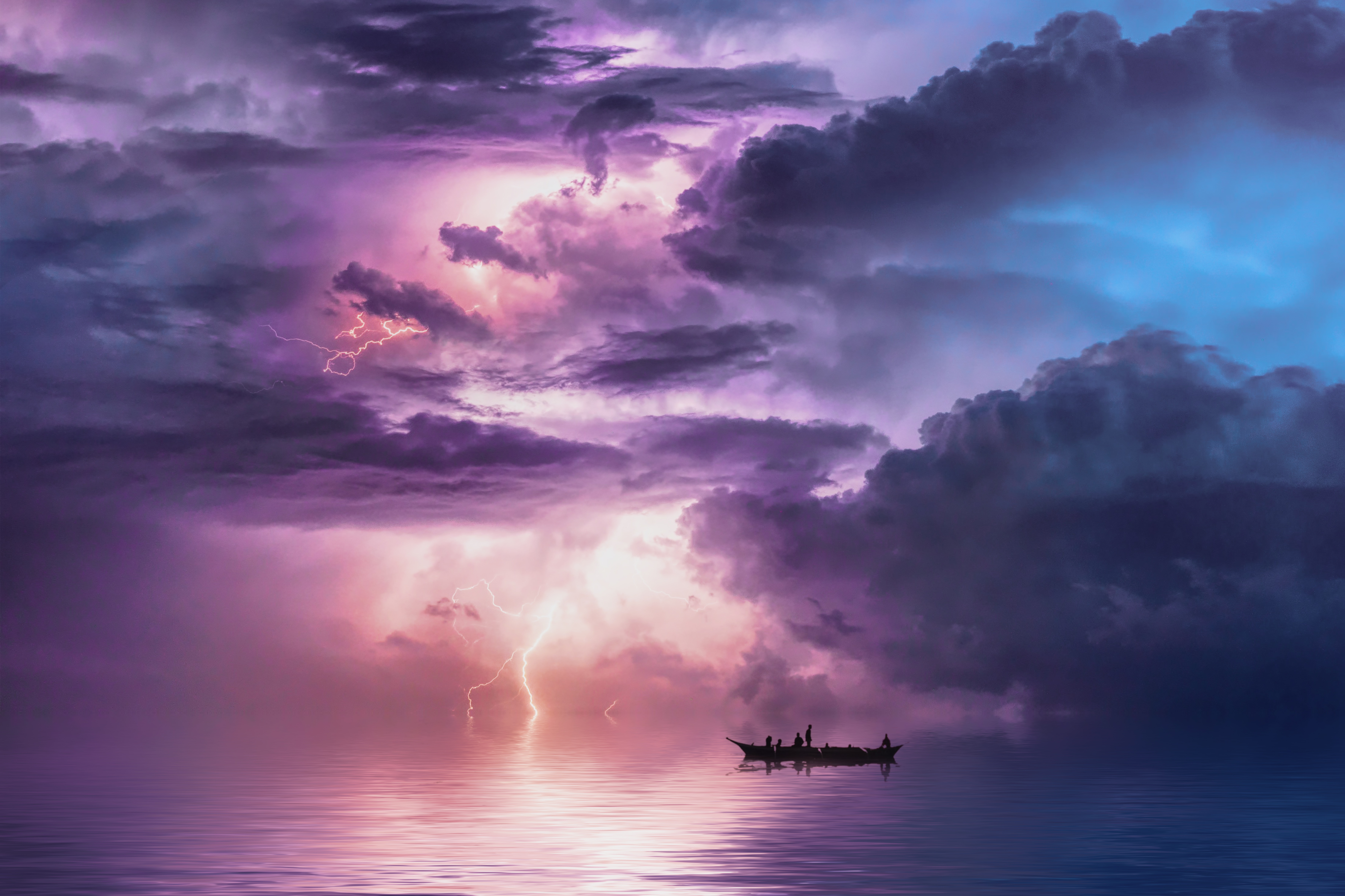 HD wallpaper, Surreal, 5K, 8K, Thunderstorm, Ocean, Clouds, Boat, Storm