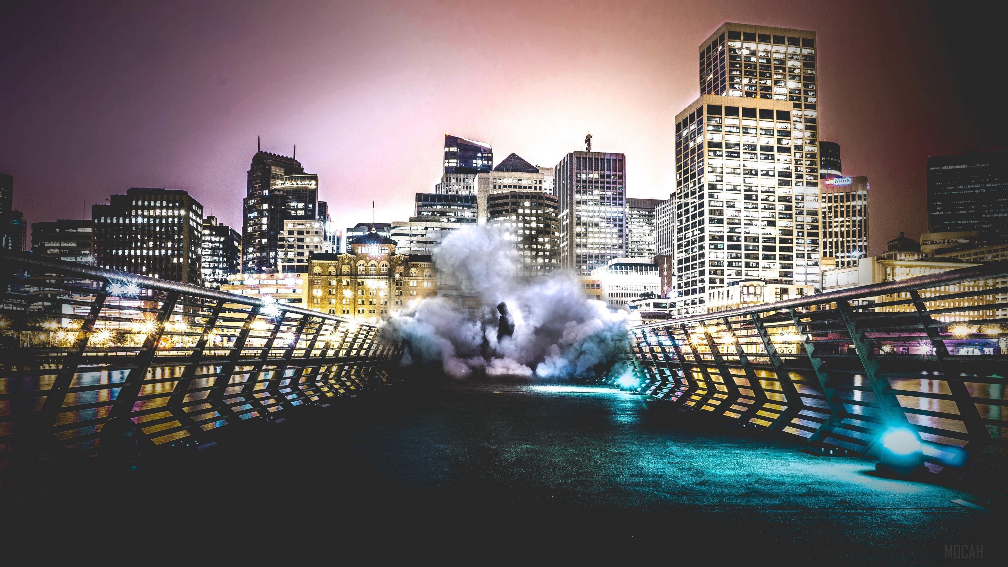 HD wallpaper, Smoke, Night, Man, Building, City, Bridge 4K