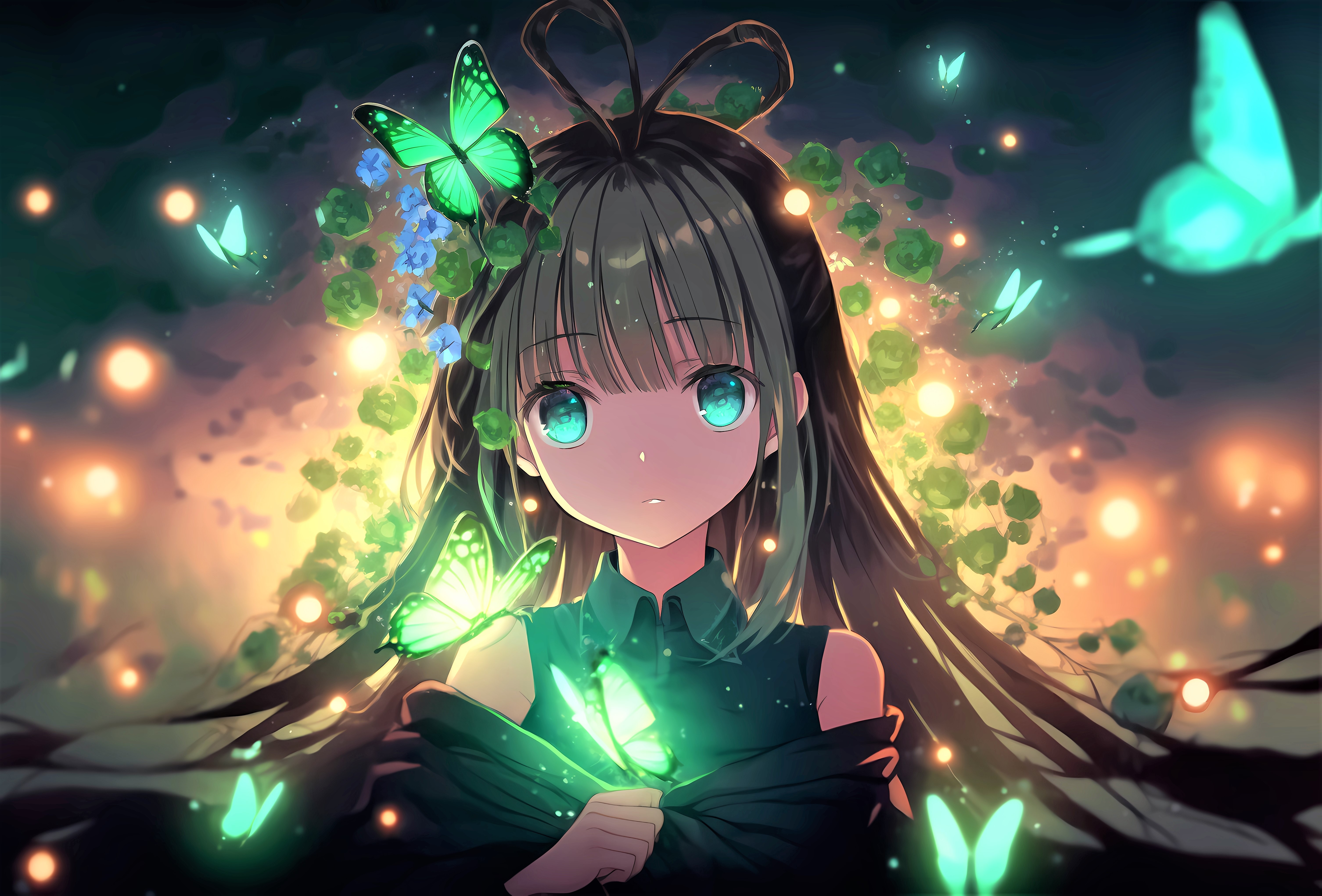 HD wallpaper, Fairy, Green Eyes, Butterflies, Beautiful, Surreal, 5K, Girly Backgrounds, Anime Girl