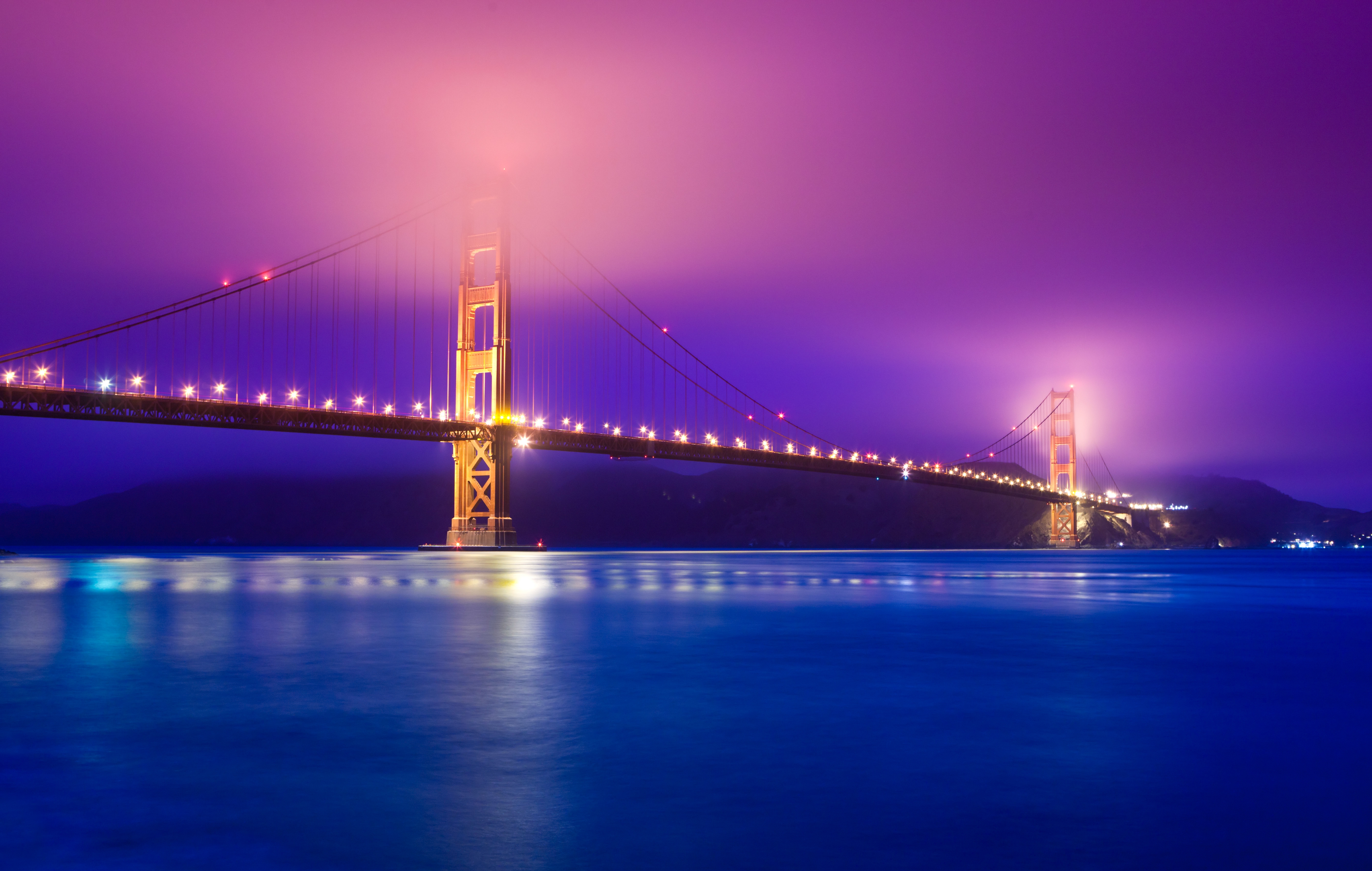 HD wallpaper, Body Of Water, 5K, Pacific Ocean, Pink Sky, Golden Gate Bridge, San Francisco, Aesthetic, Night Lights, Scenic, Blue, Reflection, California