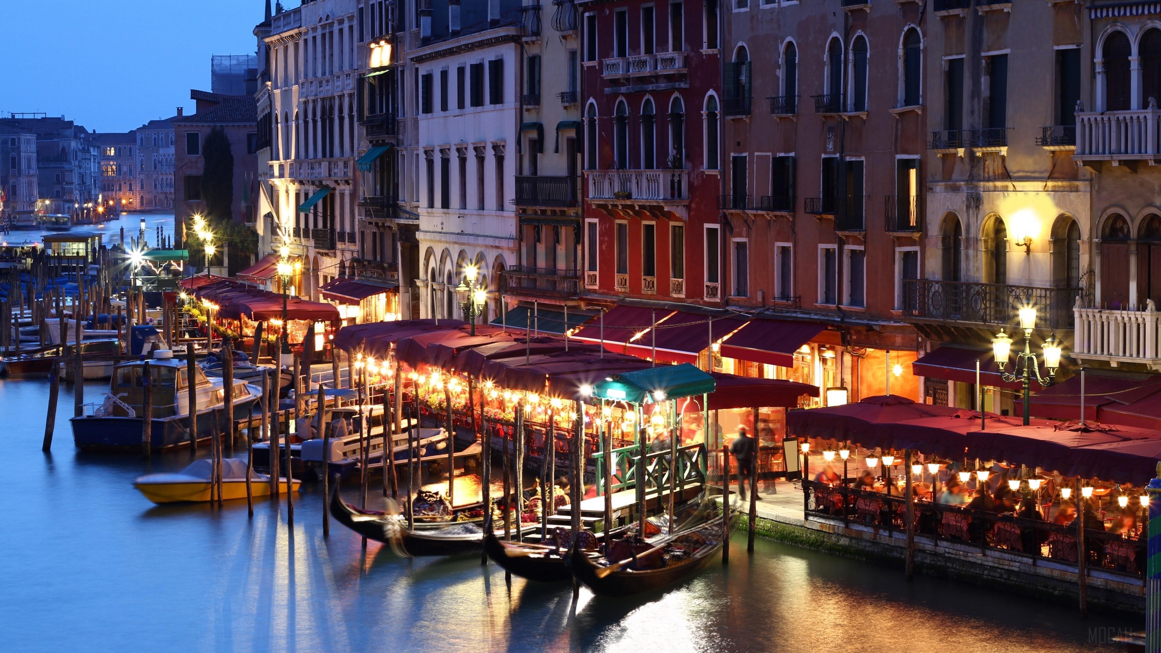 HD wallpaper, Boats 4K, Gondola, People, Italy, Lights, Canal, House, Evening, Cafe, Building, Venice