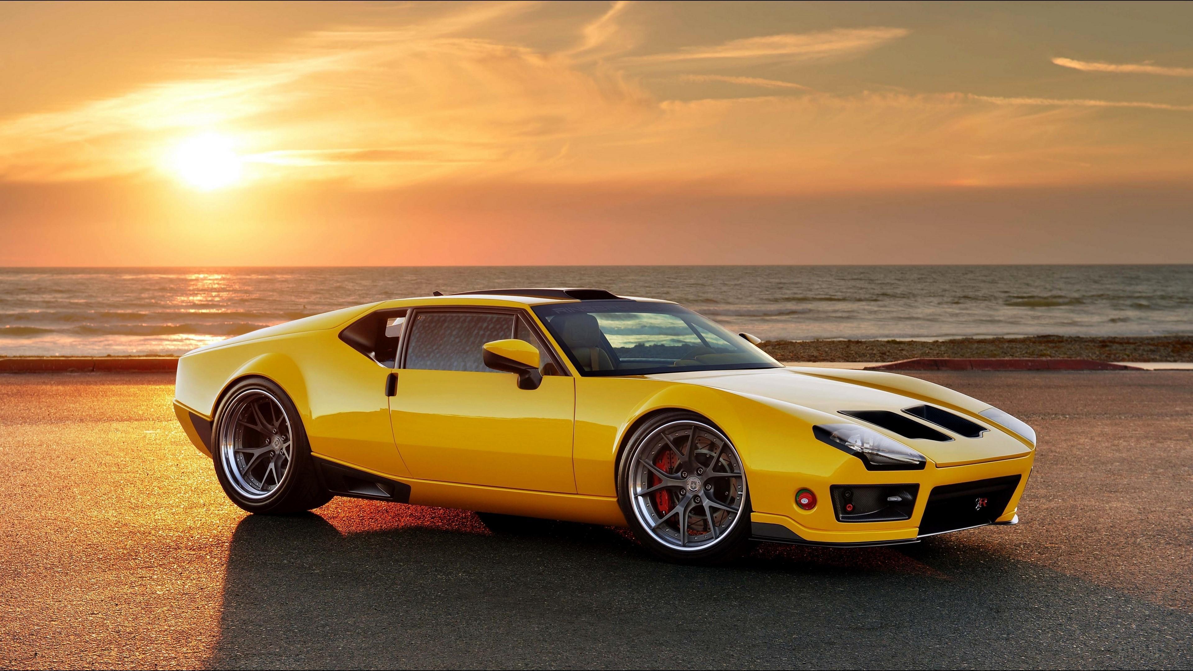 HD wallpaper, Car, Yellow Car 4K, Ocean, Sport Car, De Tomaso Pantera