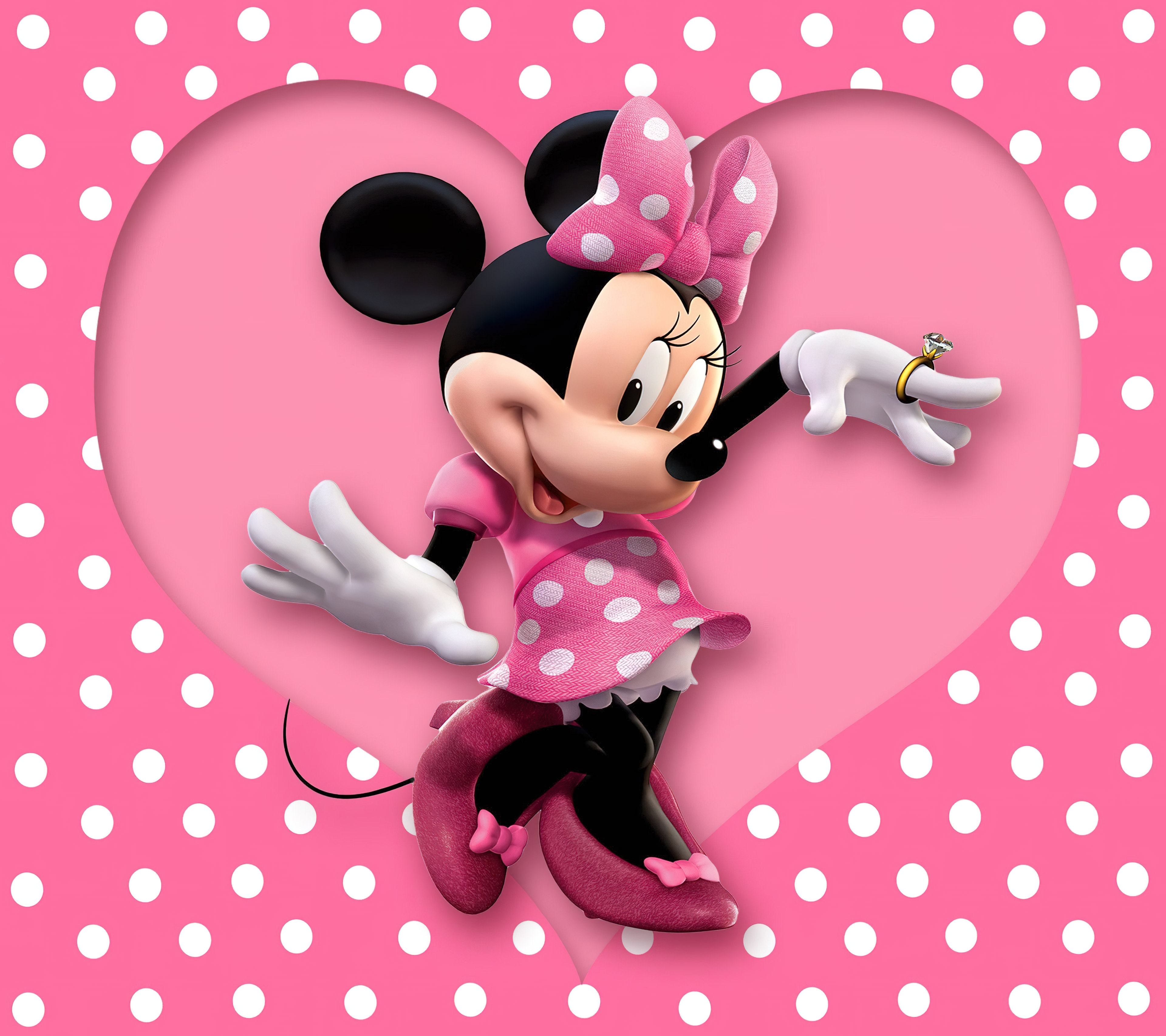 HD wallpaper, Pink Heart, Pink Background, Disney, Polka Dots, Cartoon, Girly Backgrounds, Minnie Mouse