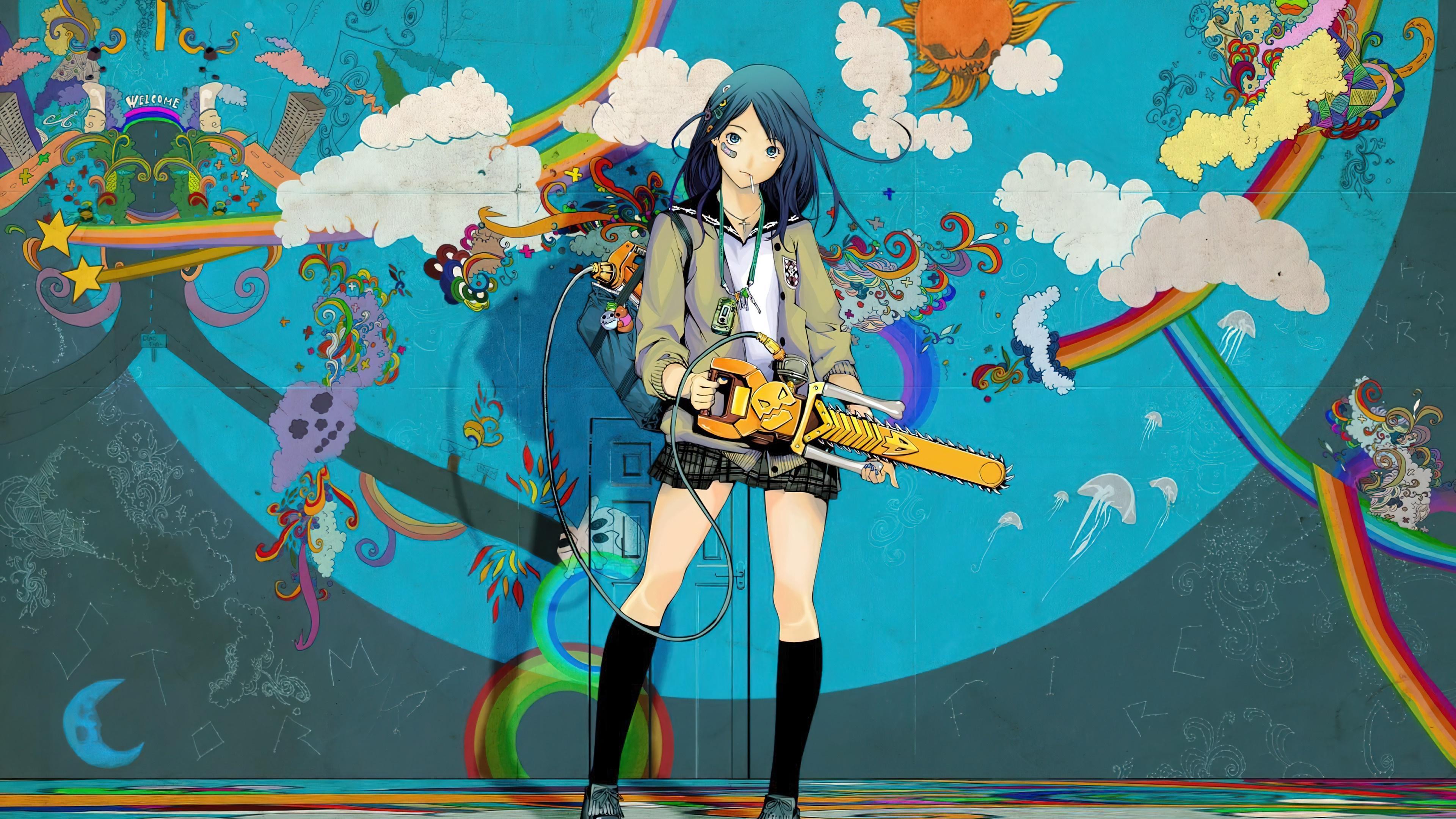 HD wallpaper, Girl, Wall, Grafitti, Anime, Student, Art, Chainsaw, 4K
