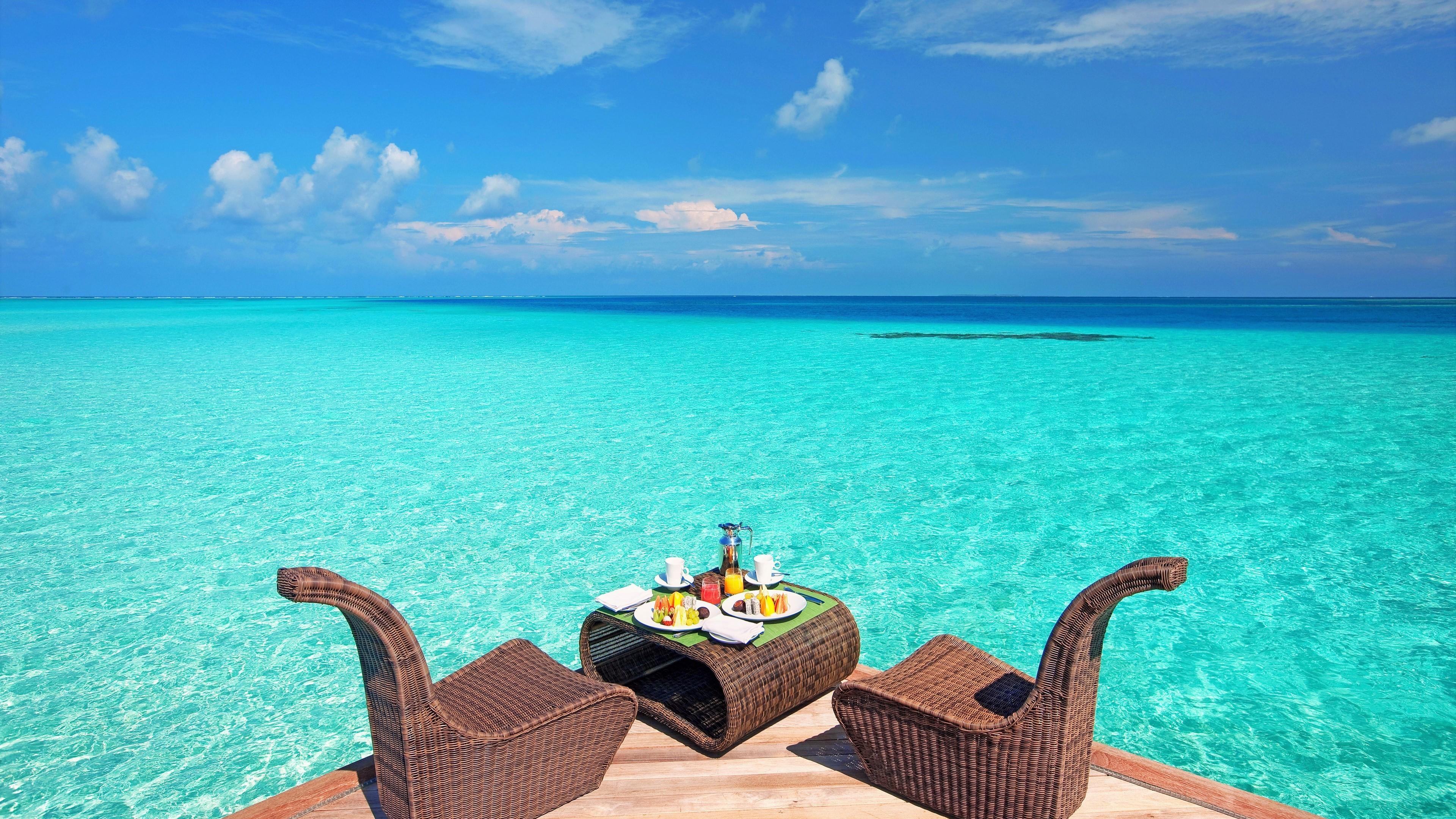 HD wallpaper, Turquoise 4K, Tropical, Resort, Lunch, Sea, Table, Horizon, Ocean, Chair