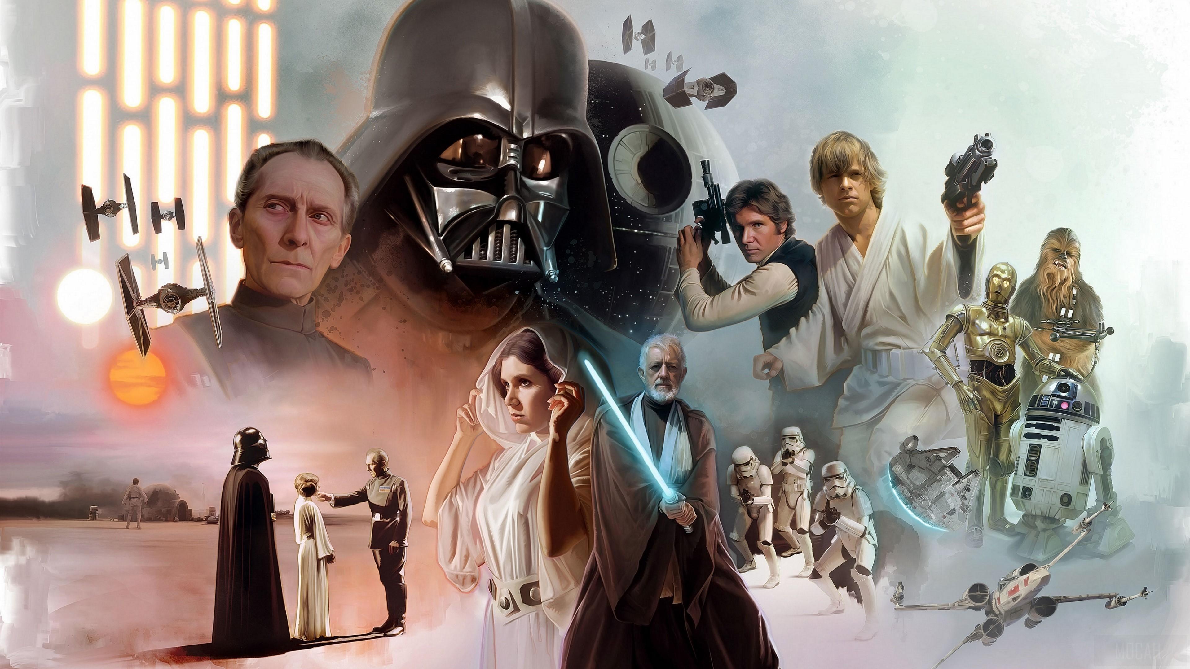 HD wallpaper, Star Wars, R2 D2, Darth Vader, C 3Po, Death Star, Han Solo, Obi Wan Kenobi, Luke Skywalker, Stormtrooper, Princess Leia, Chewbacca, Wilhuff Tarkin 4K