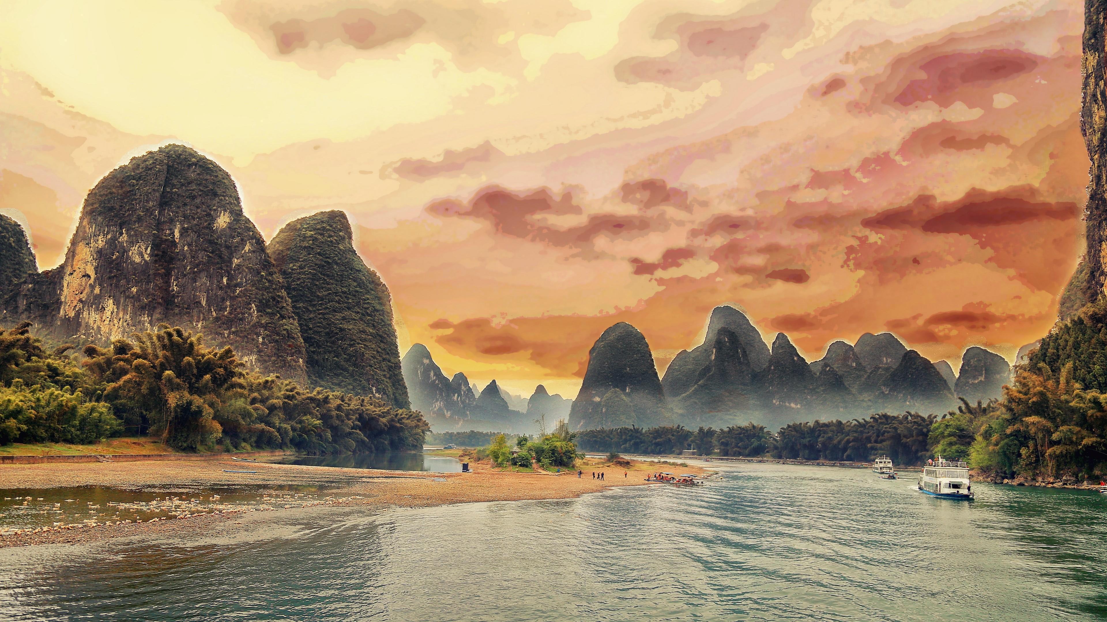 HD wallpaper, Landscape, Guanxi Zhuang, Mountain, River, Yangshuo 4K, Sepia, Boat, Li River, China, Cruise