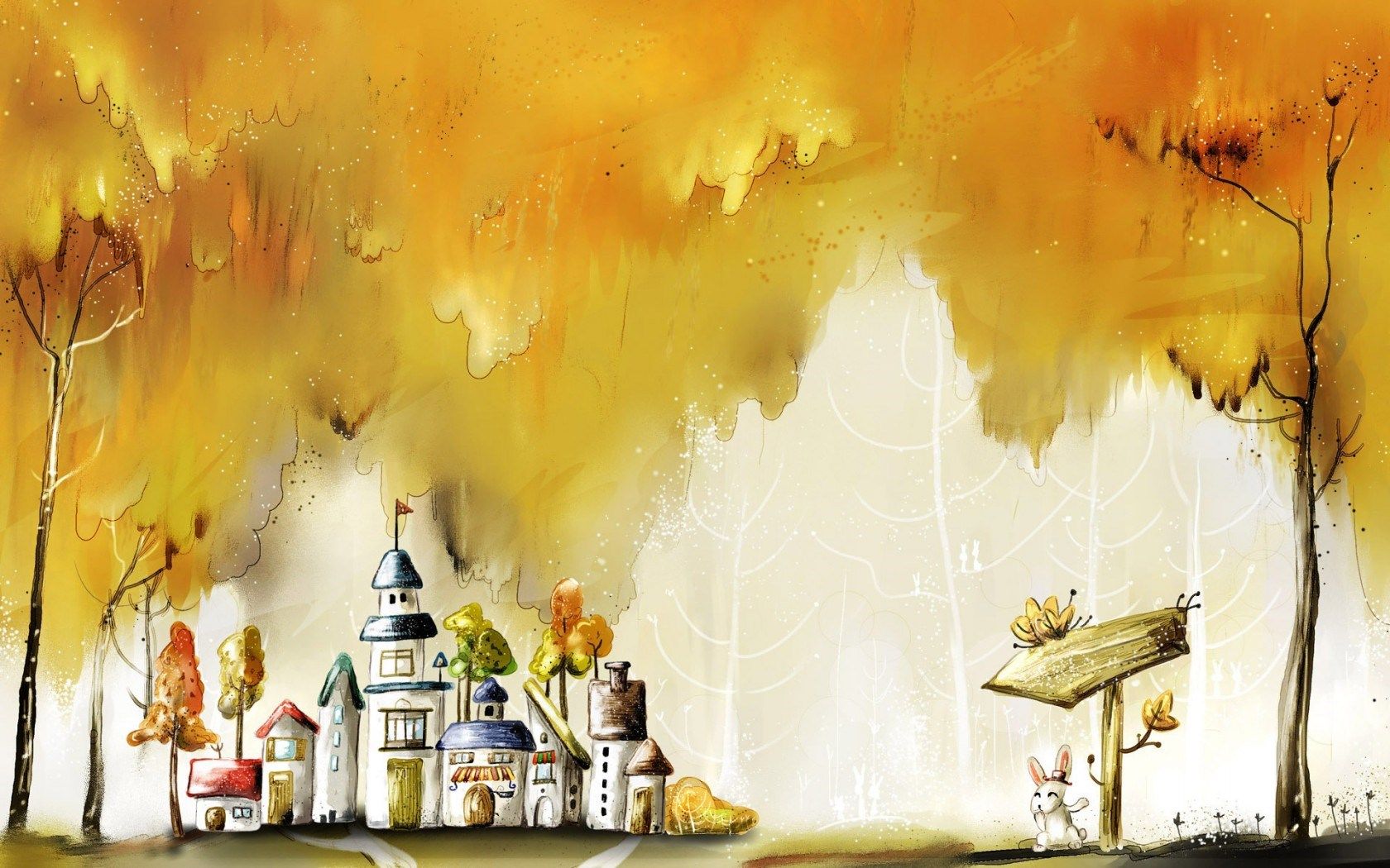 HD wallpaper, Autumn, City, Bunny, Fairy, Drawing, Houses, Trees, Tale, Painting
