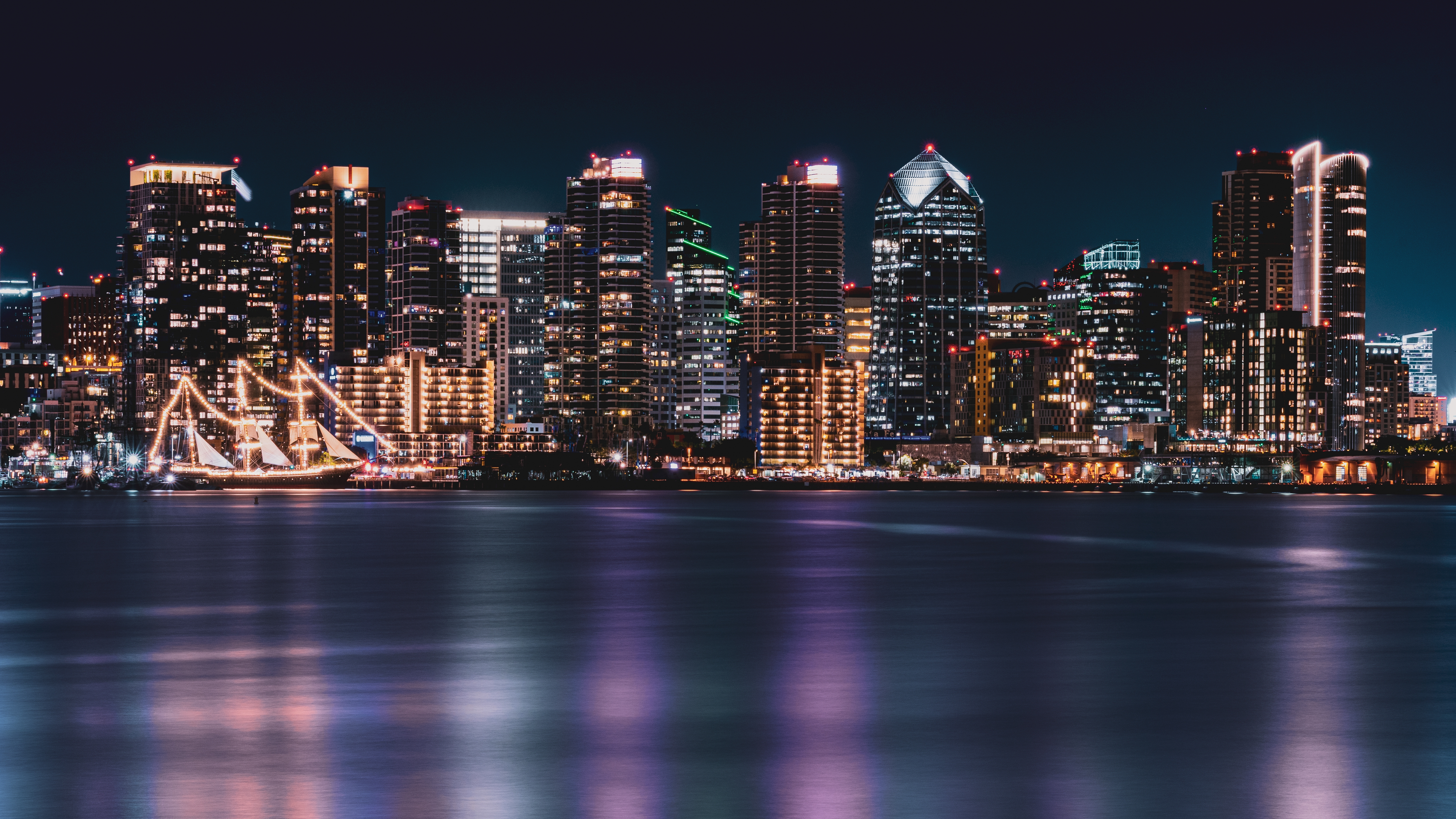 HD wallpaper, Cityscape, Reflection, Night Time, Skyscrapers, City Lights, 5K, San Diego City, Body Of Water, Long Exposure, Skyline