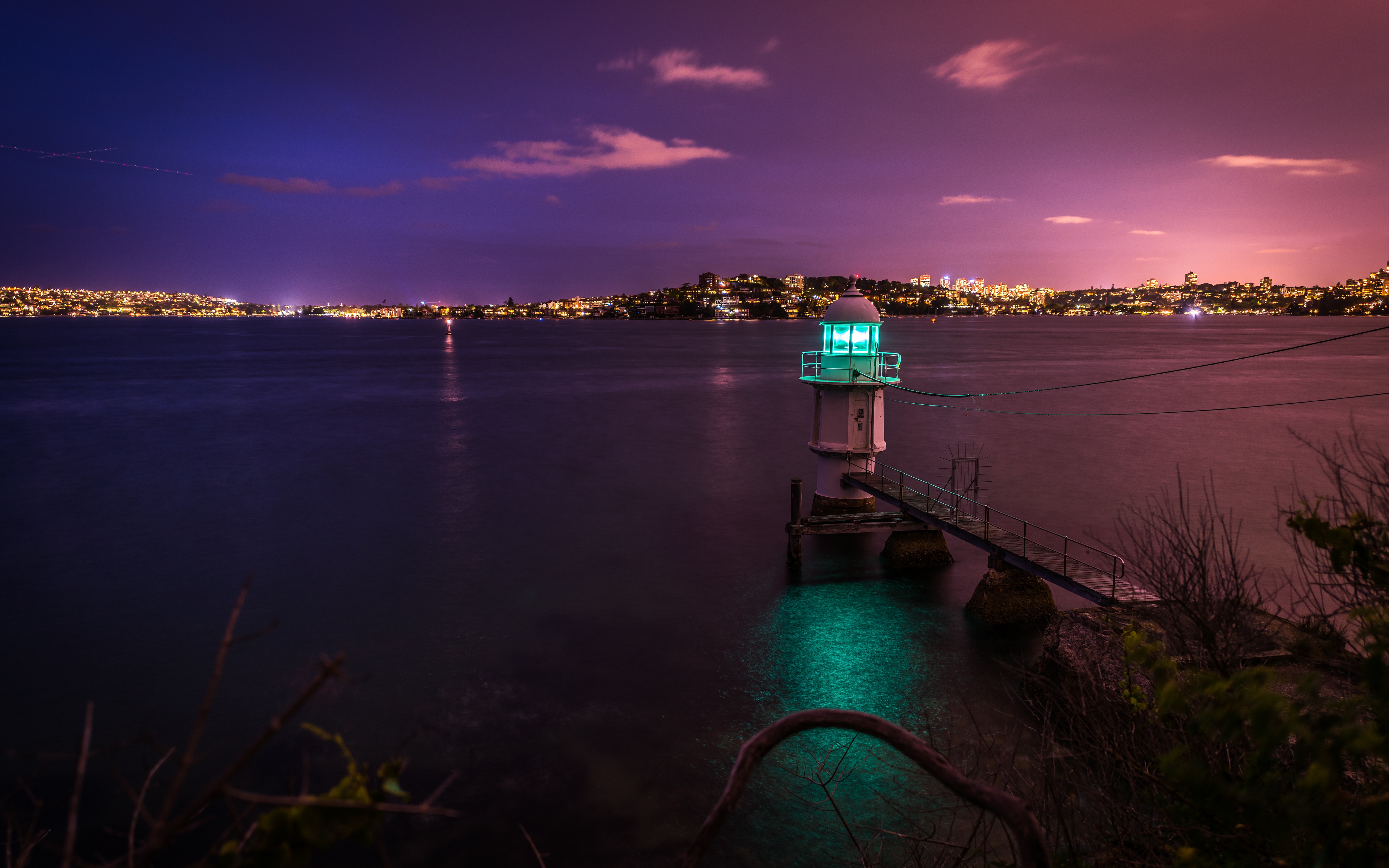HD wallpaper, Lighthouse, 5K, Australia, Night City, City Lights, Dusk, Sydney Harbour