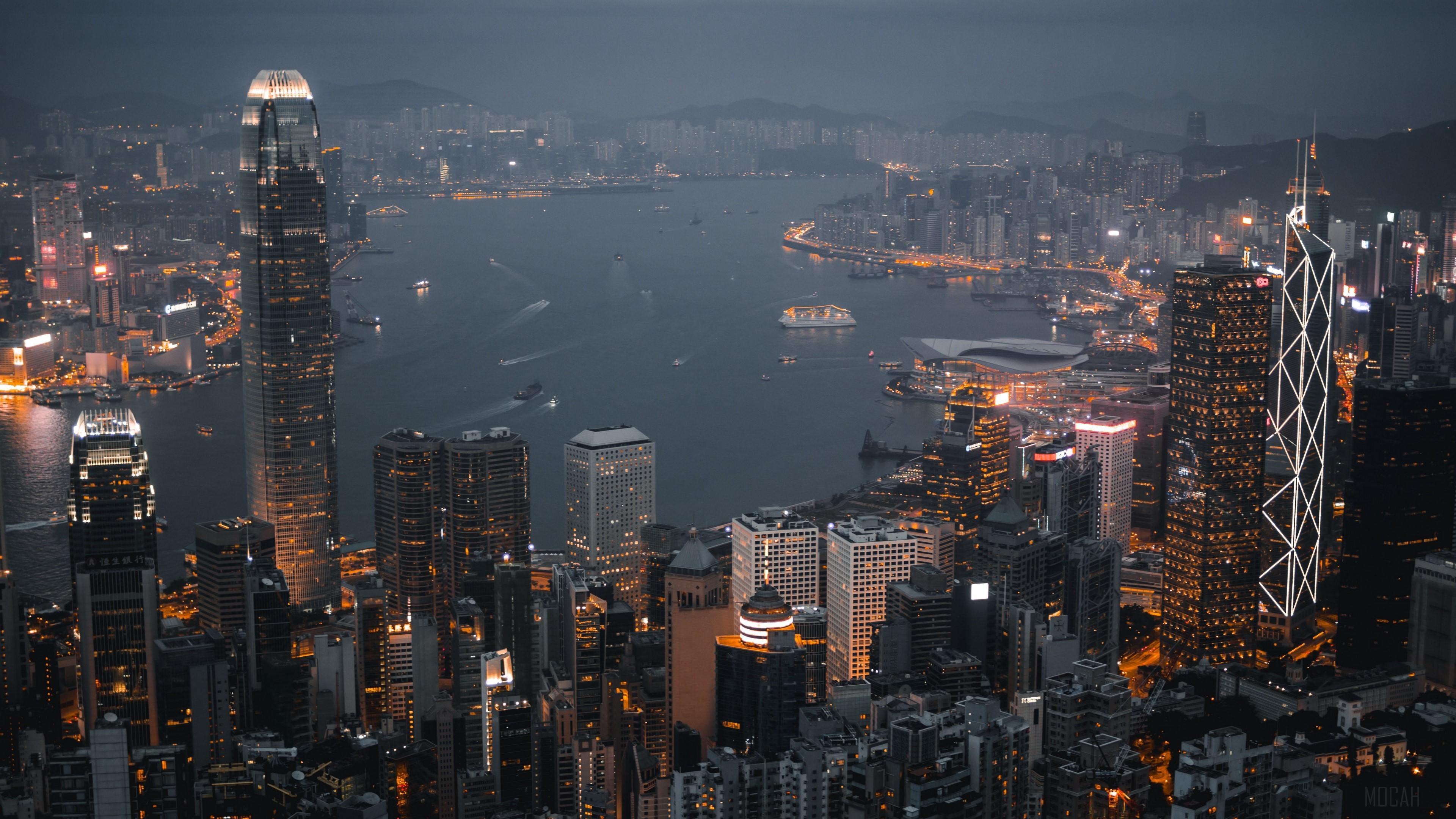 HD wallpaper, City Lights, Skyscrapers, Night City, Hong Kong 4K