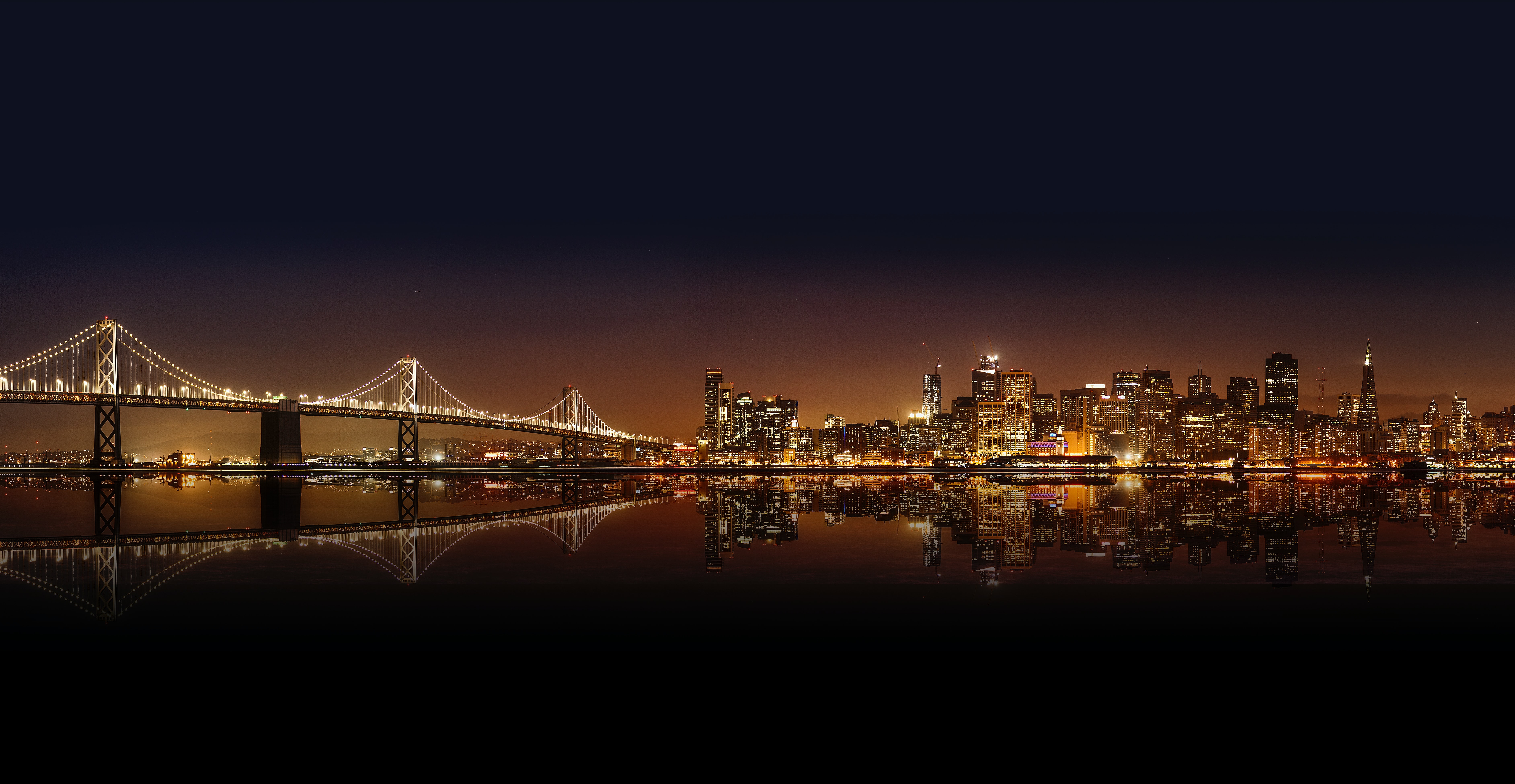 HD wallpaper, Cityscape, City Skyline, City Lights, 5K, Reflection, Body Of Water, San Francisco Oakland Bay Bridge, Night Time, 8K, Skyscrapers