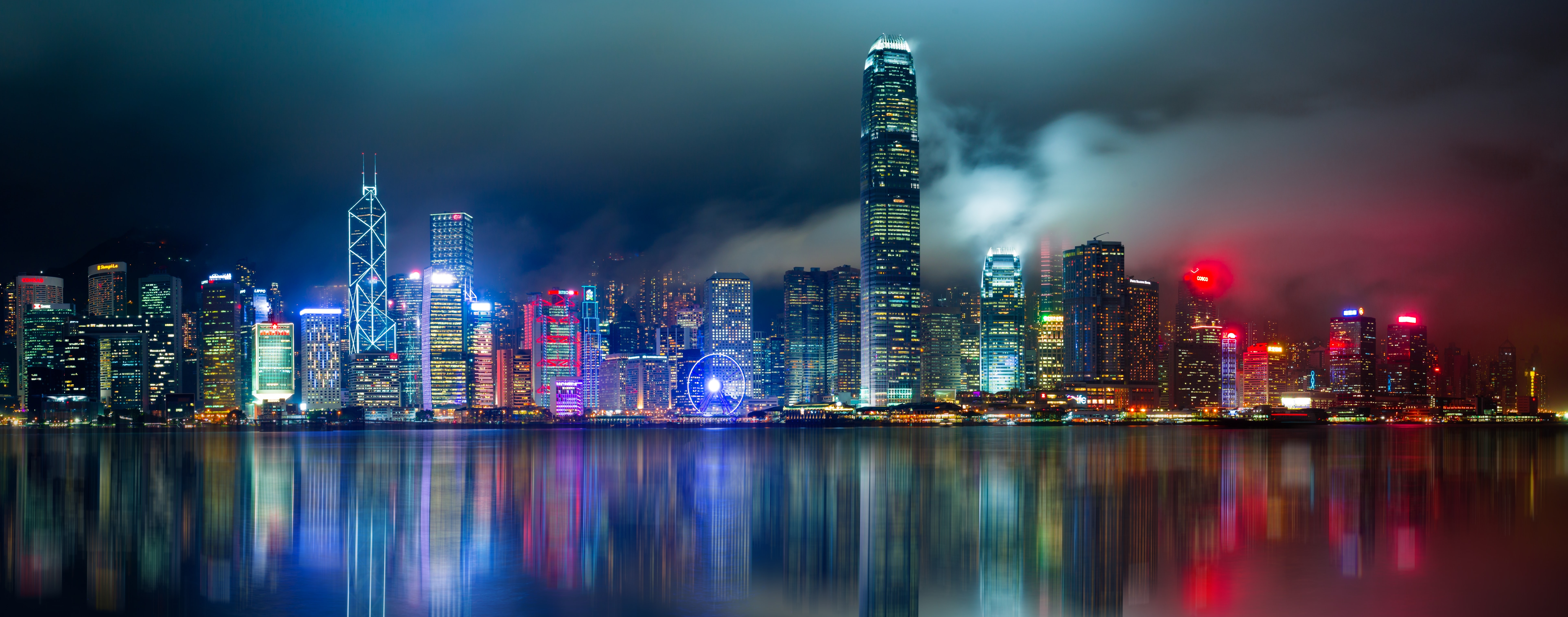 HD wallpaper, Skyscrapers, Skyline, Body Of Water, Reflection, 8K, Modern Architecture, Cityscape, 5K, Night Lights, Scenic, Hong Kong City