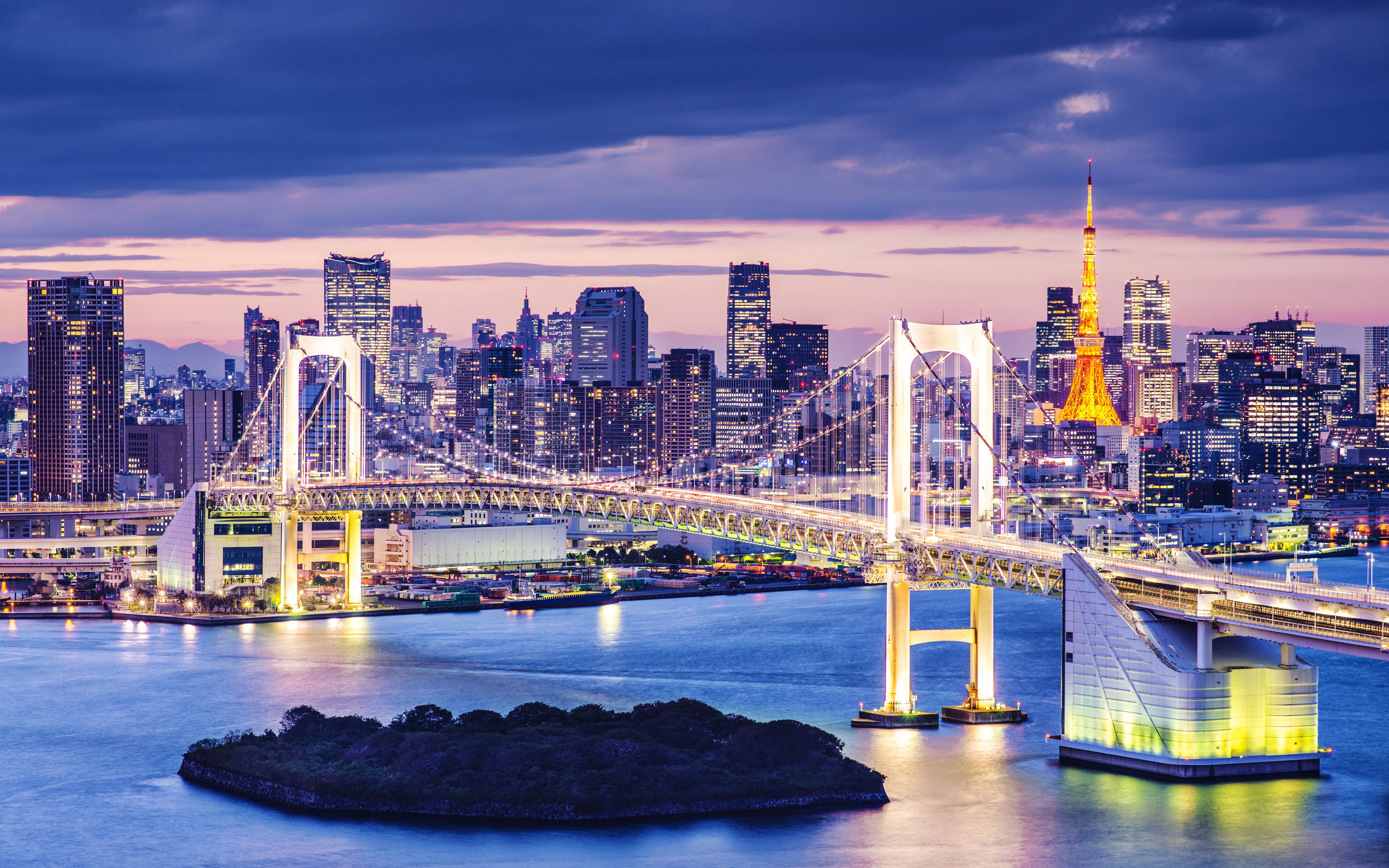 HD wallpaper, City Lights, Tokyo, Japan, Cityscape, Twilight, Illuminated, 5K, Rainbow Bridge