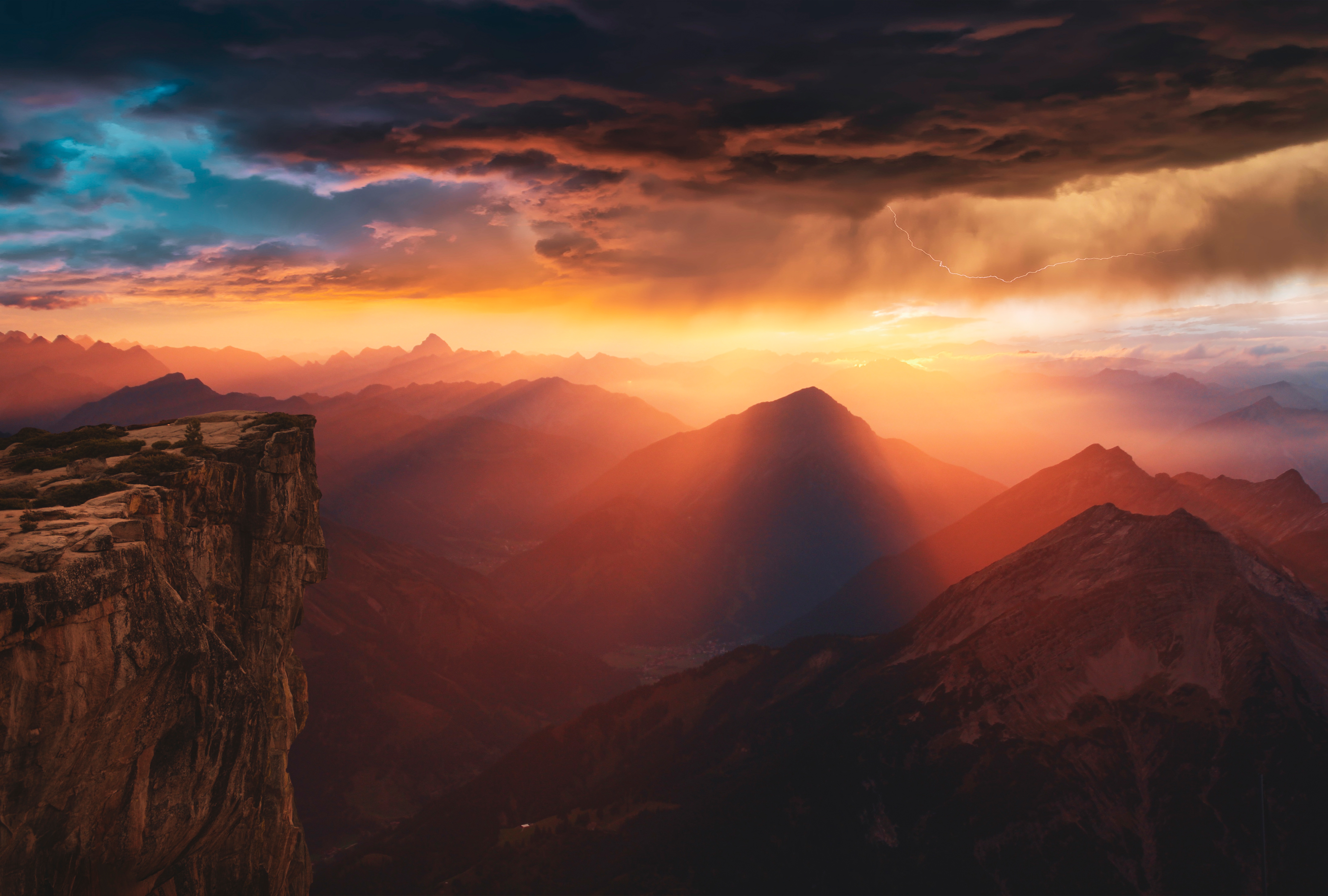 HD wallpaper, 5K, 8K, Sunset, Storm, Sunlight, Mountains, Cliff, Viewpoint