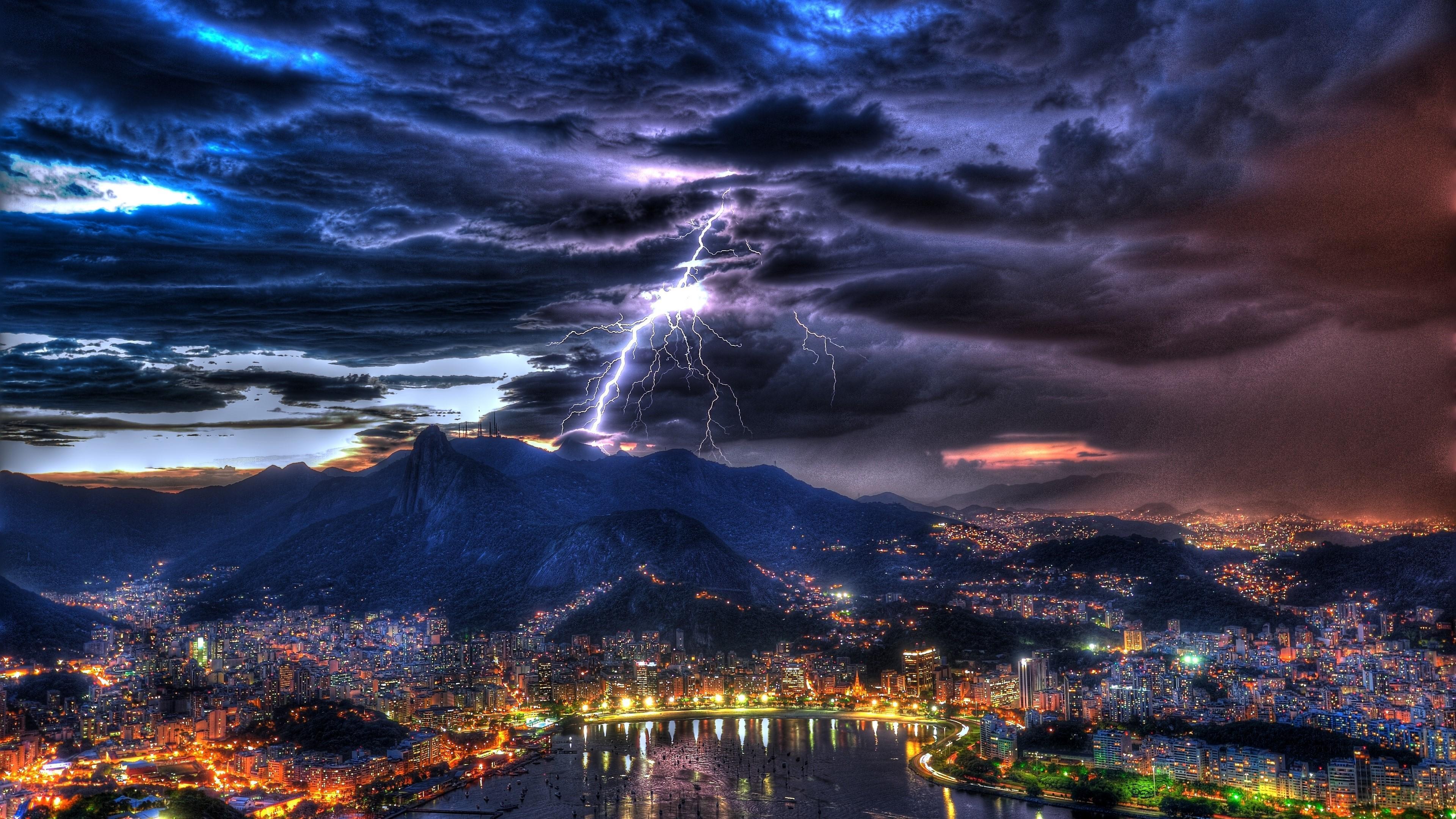 HD wallpaper, Lightning, Cloud, Storm 4K, Rio De Janeiro, Brazil, Bay, Mountain