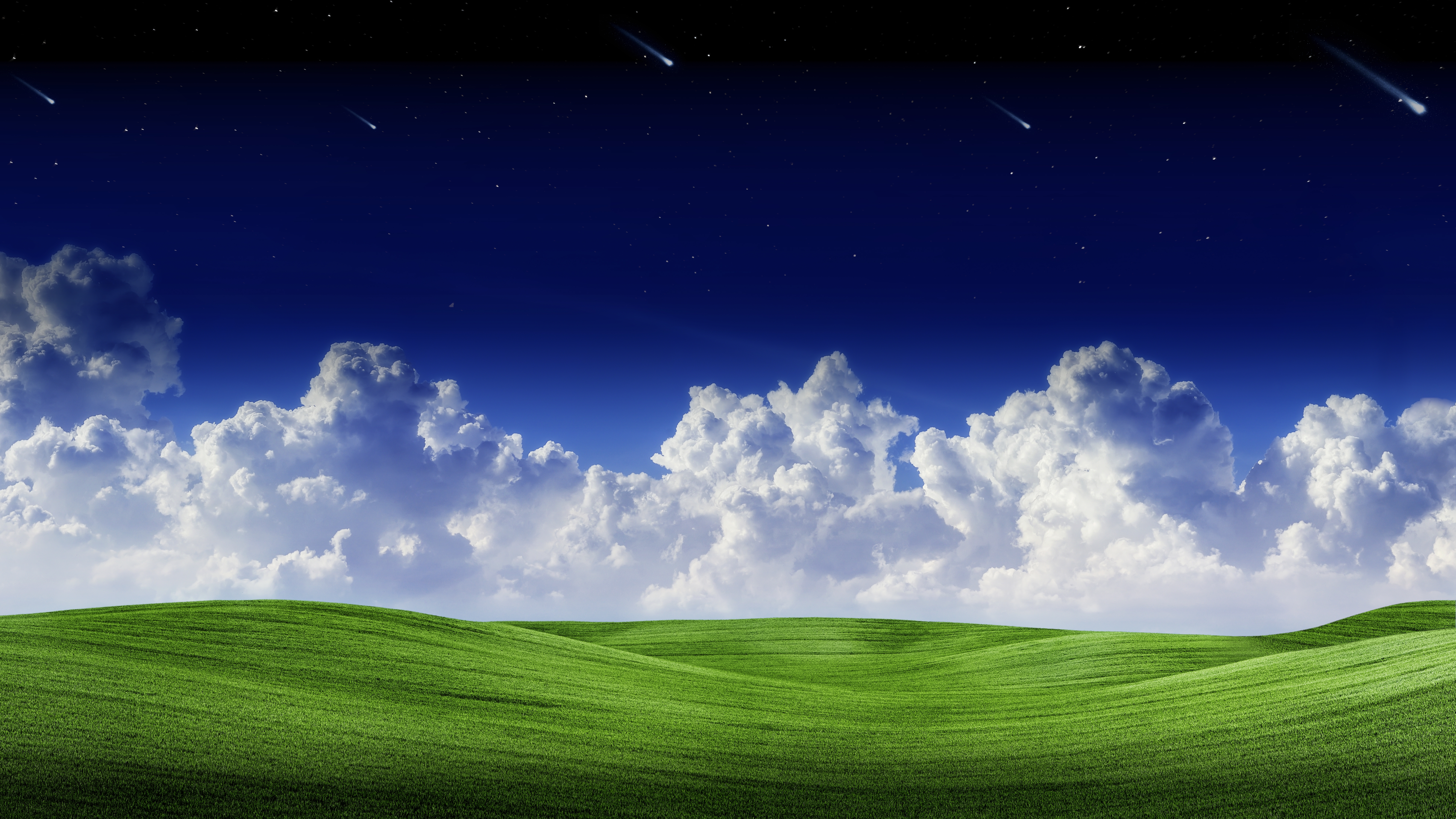 HD wallpaper, Clouds, 5K, Blue Sky, 8K, Green Grass, Starry Sky, Scenery, Falling Stars, Summer, Landscape, Scenic, Panorama
