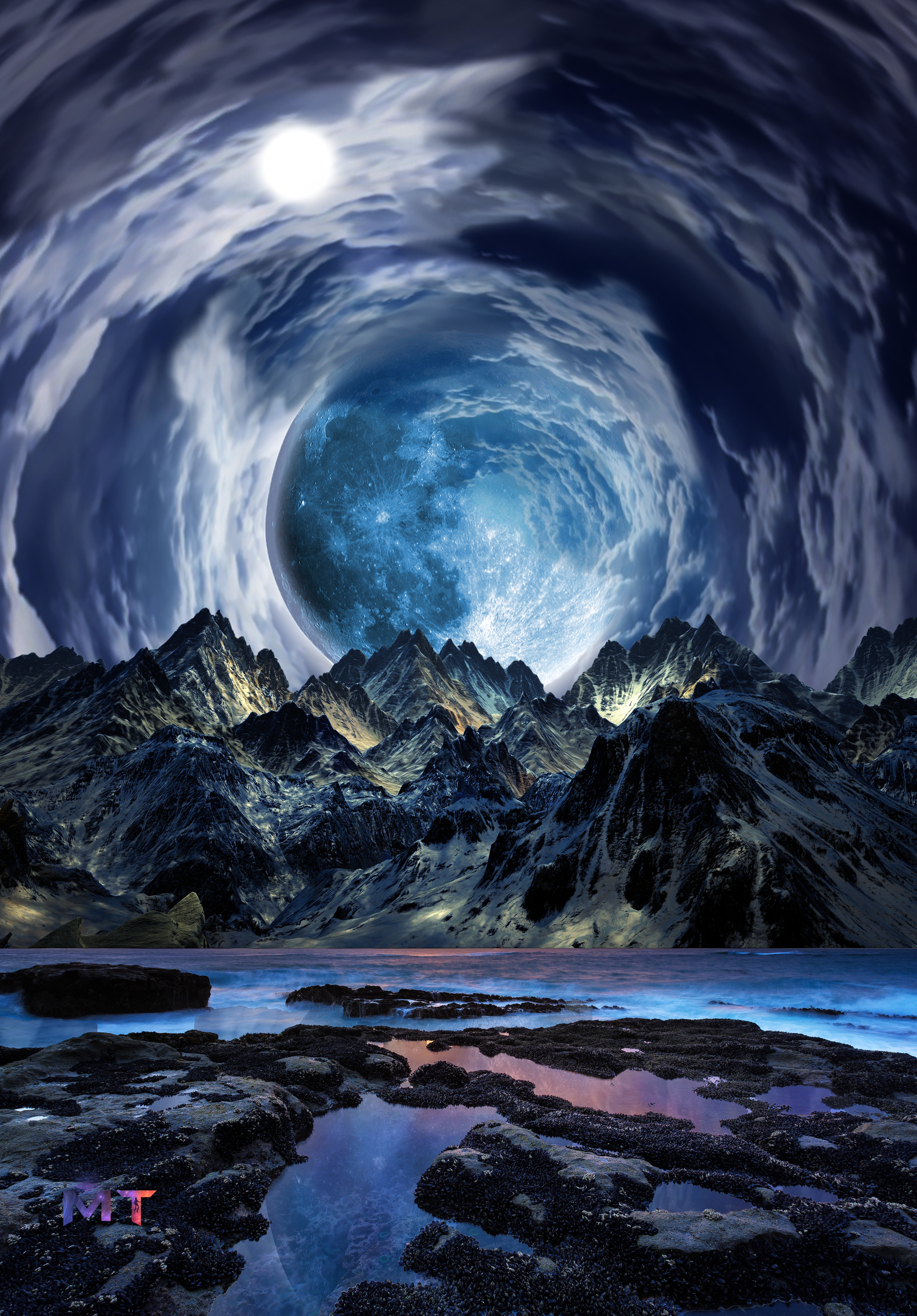 HD wallpaper, Surreal, Mountains, Moon, Clouds, Landscape, Portal