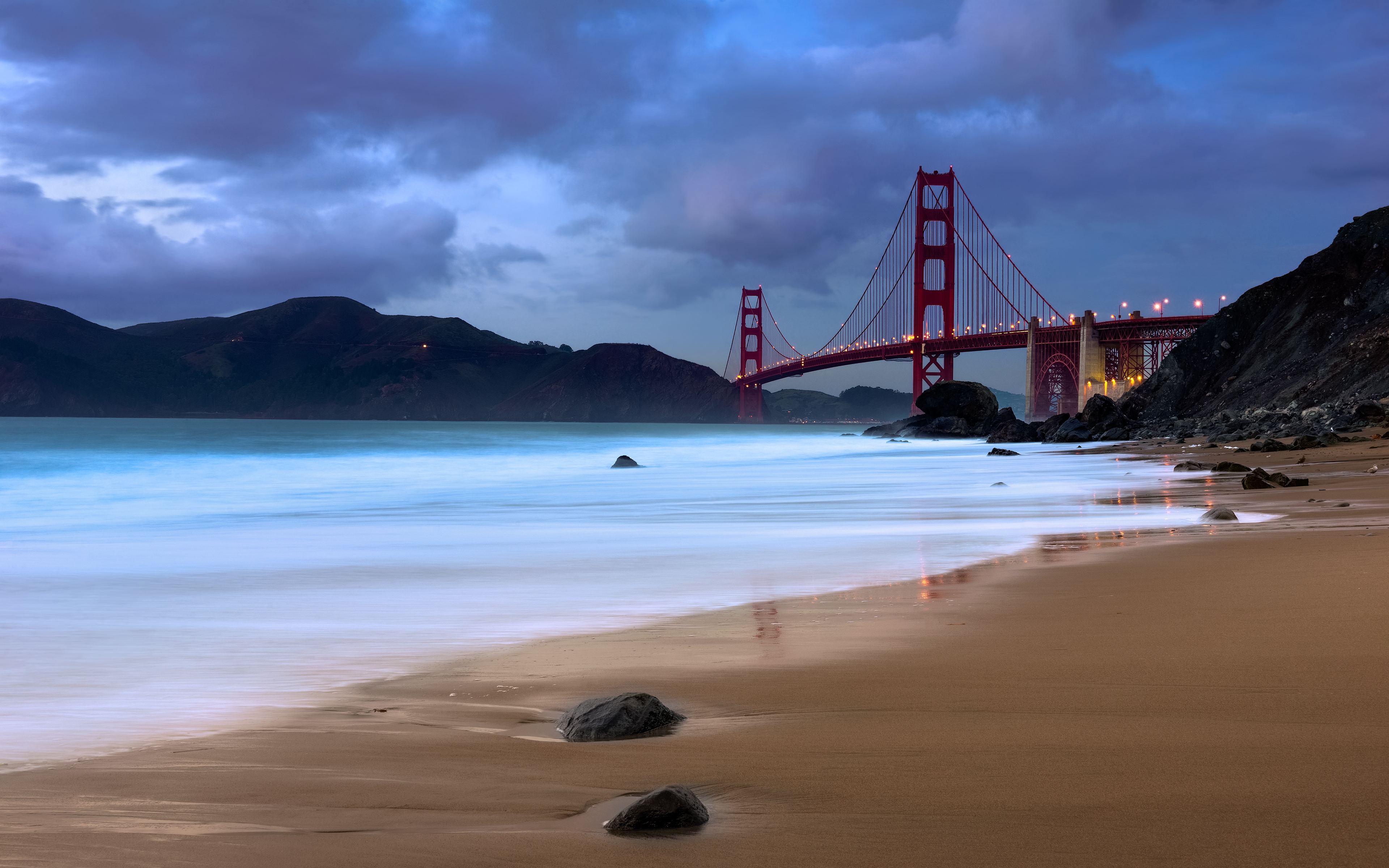 HD wallpaper, Baker Beach, Golden Gate Bridge, Coastline, Cloudy, Metal Structure, Landmark, Evening, California, San Francisco, Long Exposure
