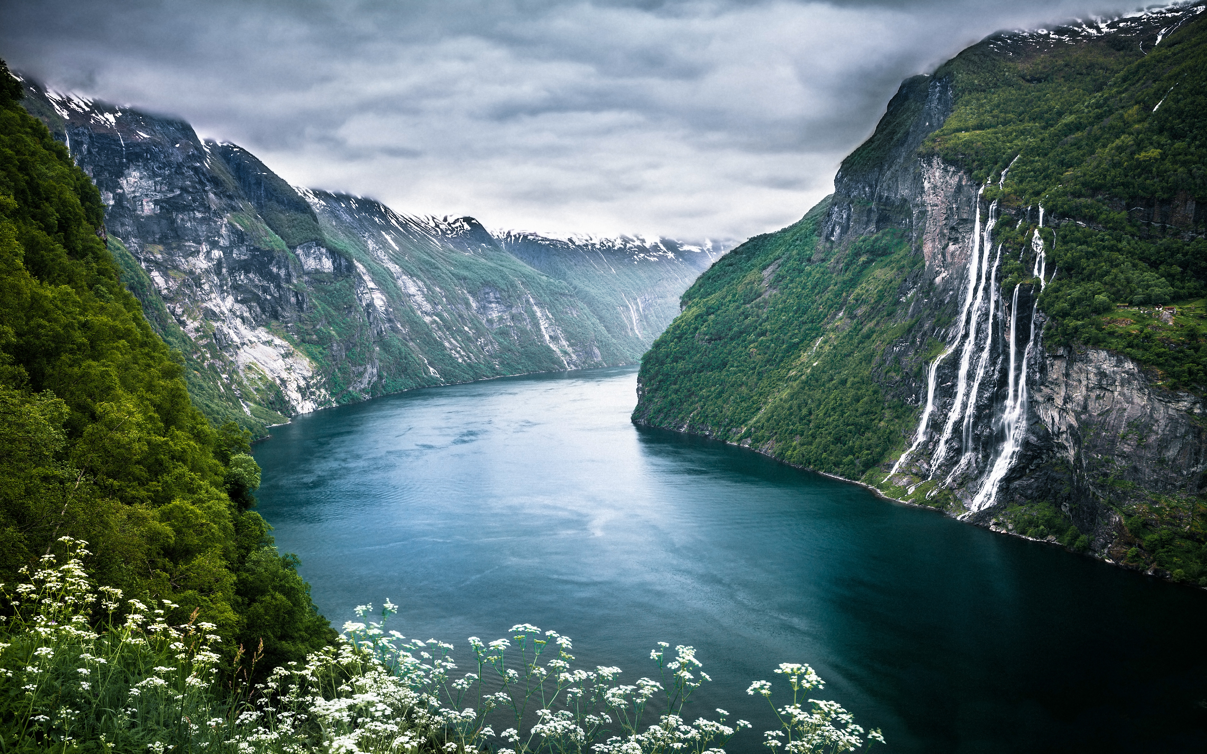 HD wallpaper, Geirangerfjorden, Cloudy Sky, Cliffs, Mountains, River, Flowing Water, Evening, Landscape, Norway, Seven Sisters Waterfalls