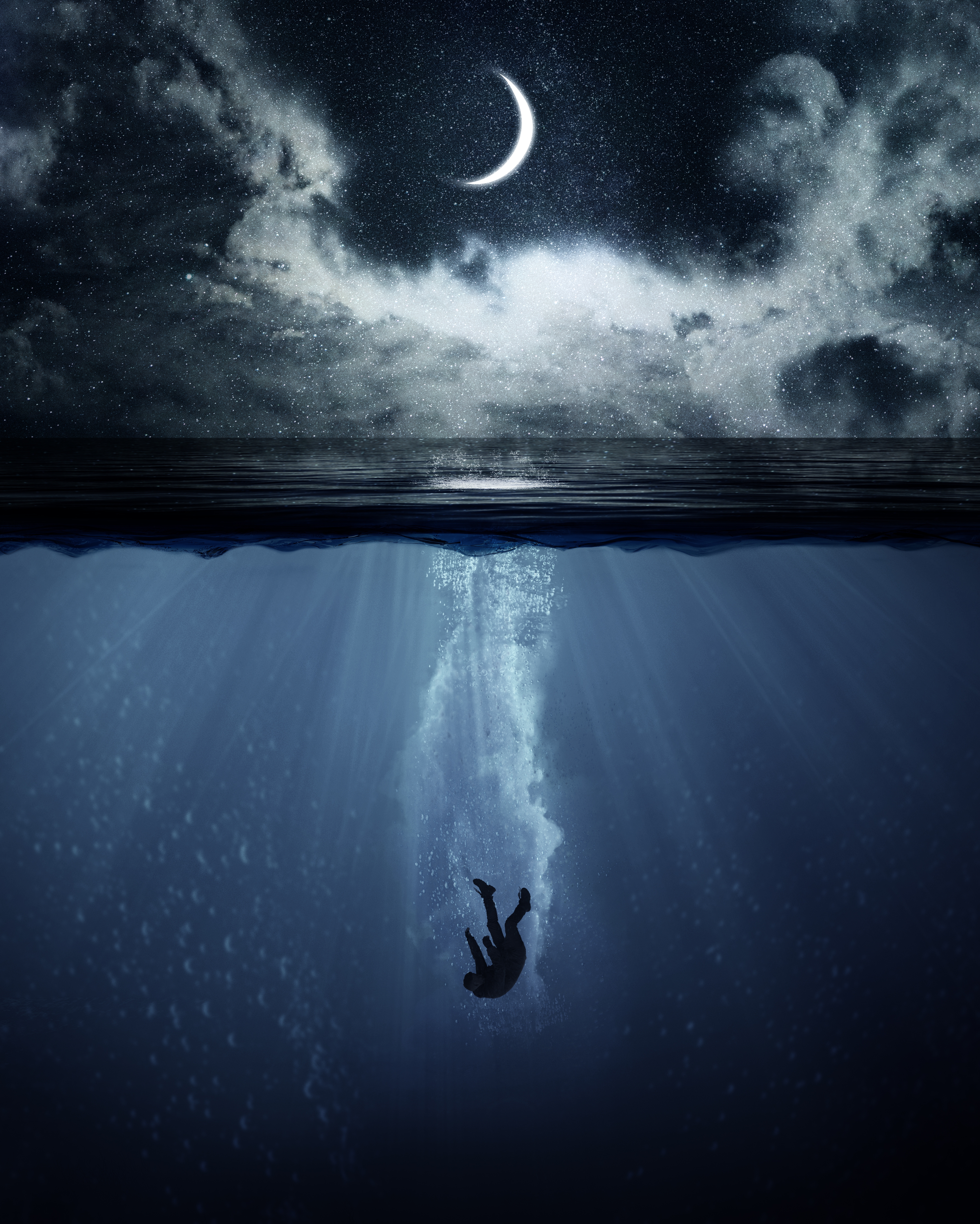 HD wallpaper, Photo Manipulation, Drowning, Illustration, Cloudy Sky, Ocean Waves, Deep, Crescent Moon, Underwater, Horizon