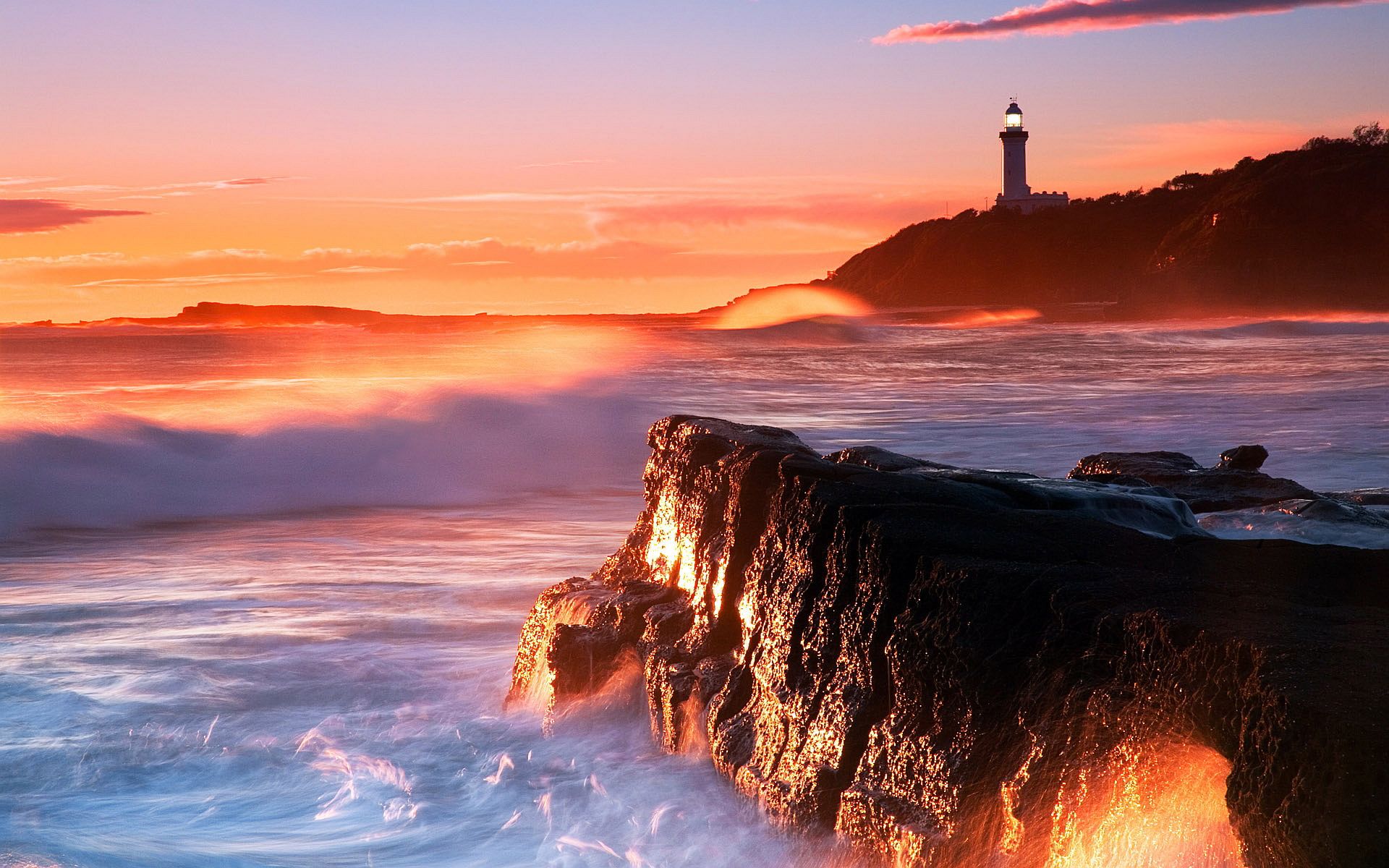 HD wallpaper, Lighthouse, Coast, Sunset