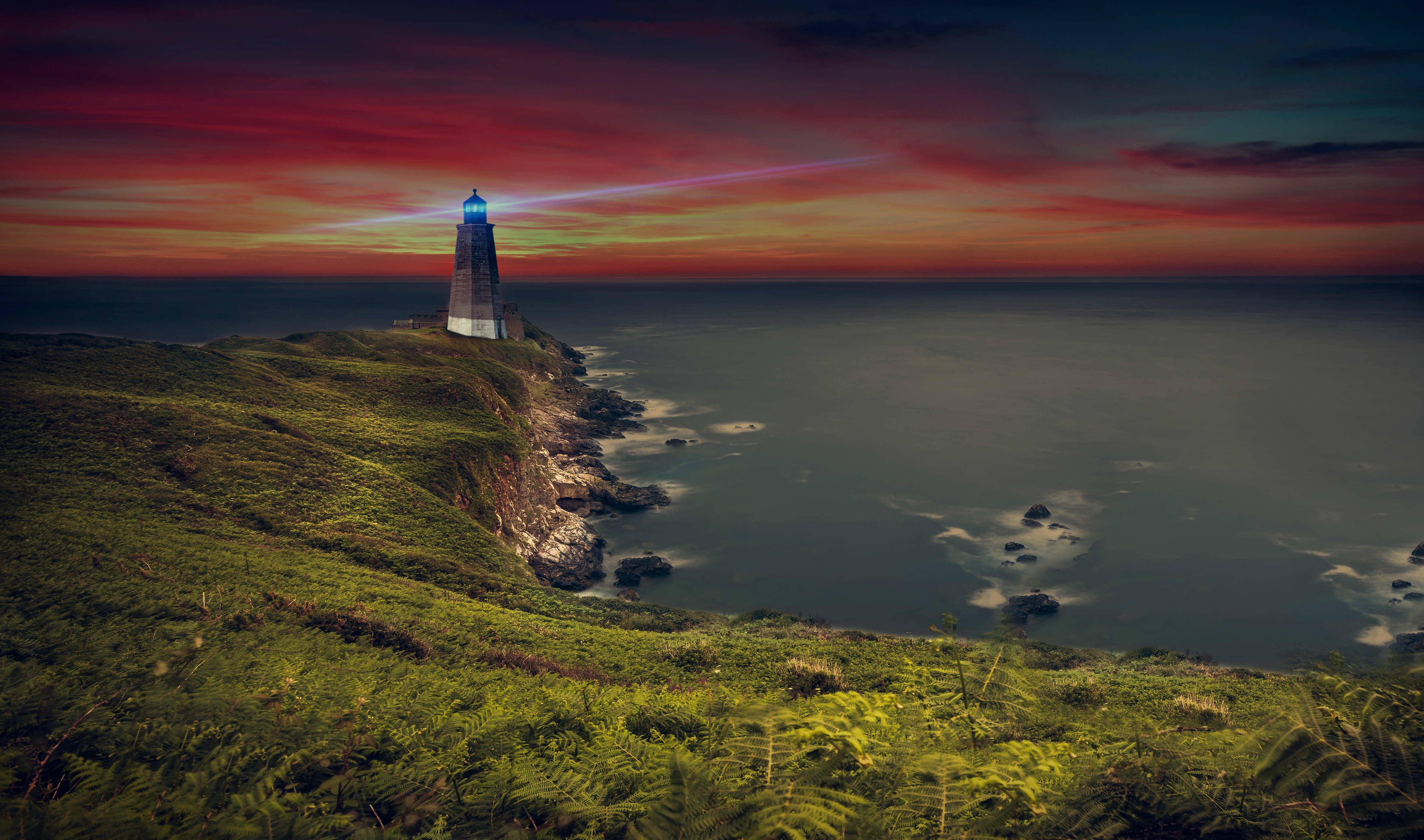 HD wallpaper, 5K, Seascape, Ocean, Coastline, Seashore, Purple Sky, Lighthouse, Evening