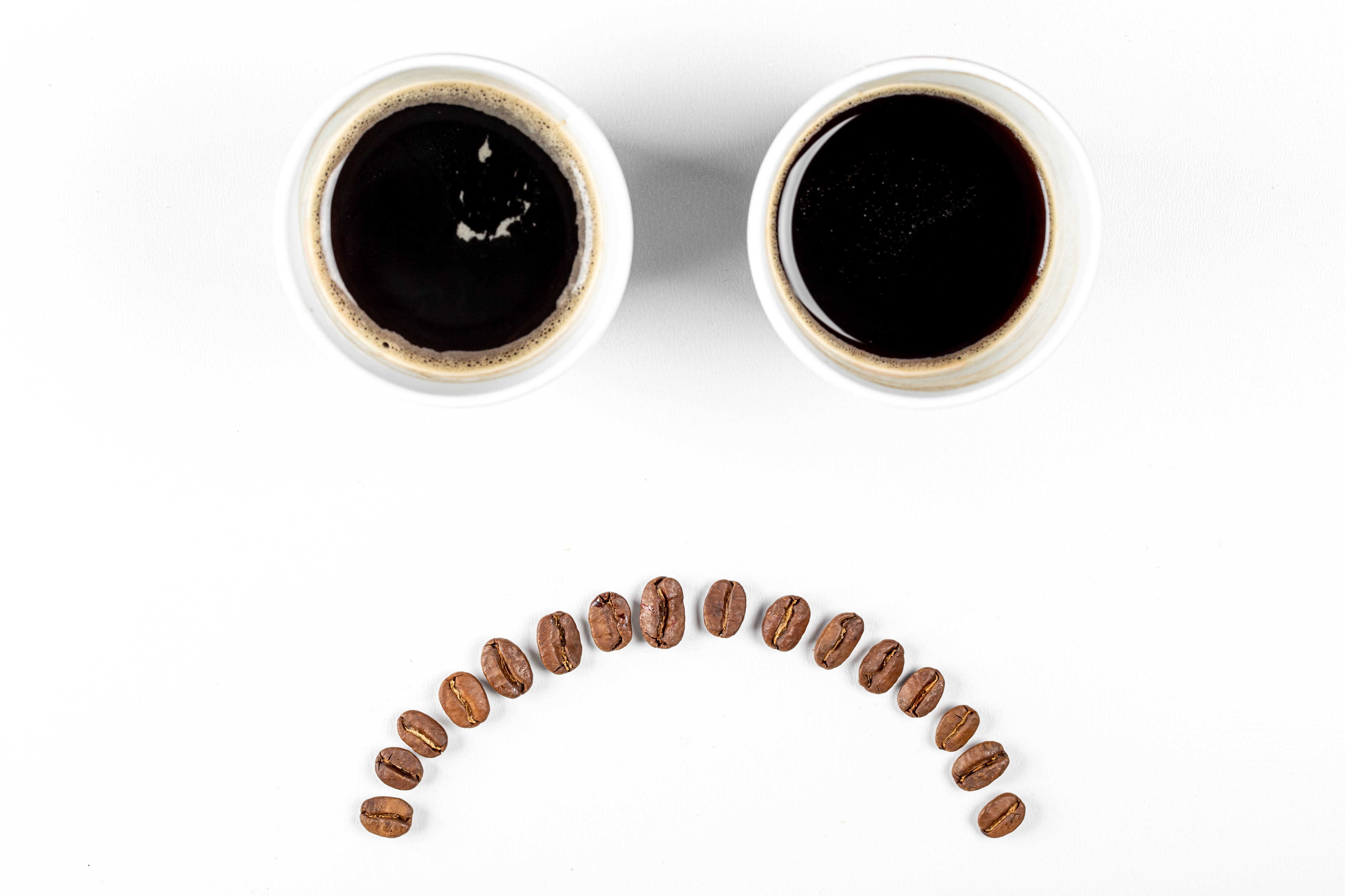 HD wallpaper, Sad Smiley, Sad Day, Coffee Cups, Sad Mood, Black Coffee, Coffee Beans, 5K, White Background