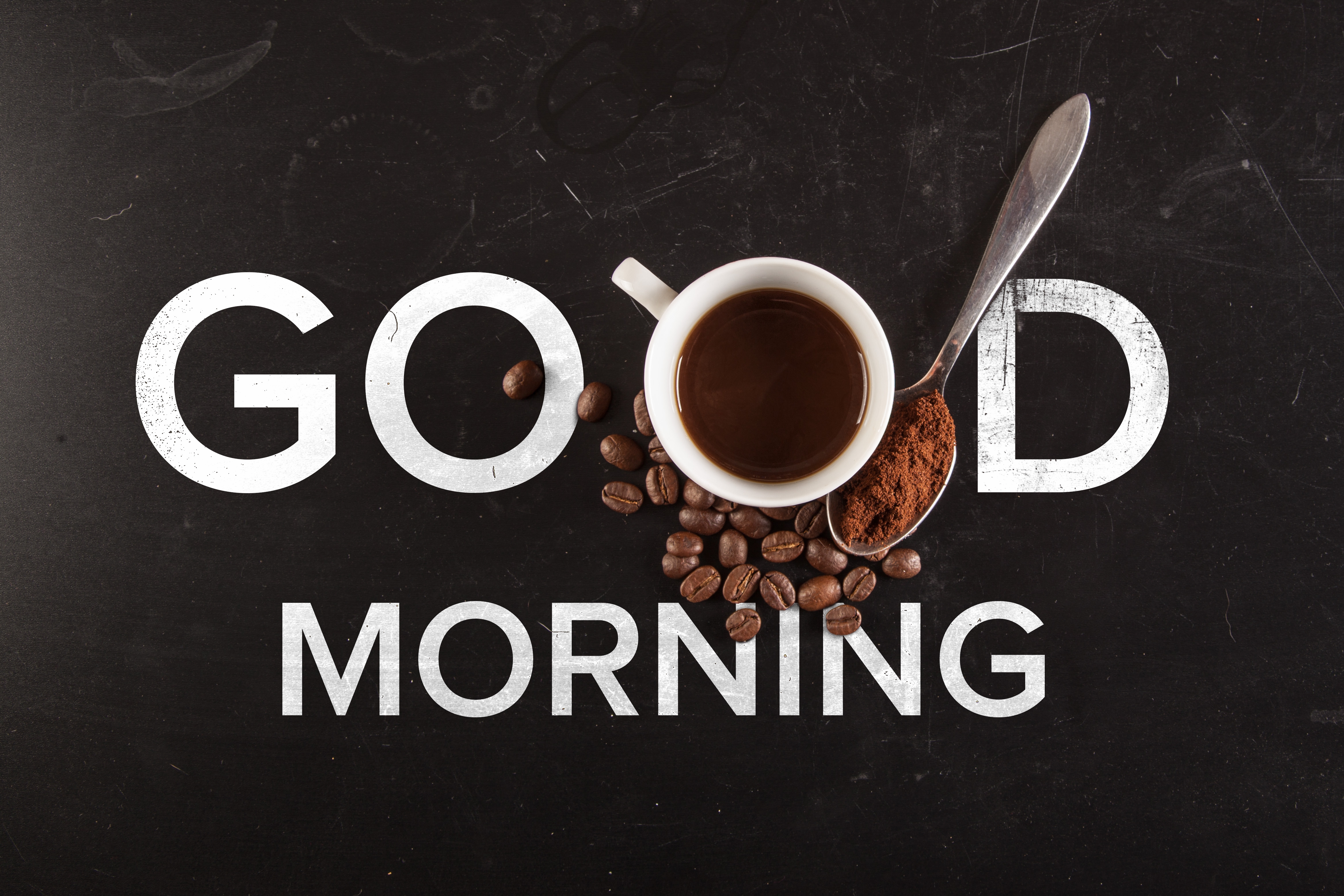 HD wallpaper, 5K, Dark Background, Coffee, Coffee Cup, Typography, Coffee Beans, Good Morning