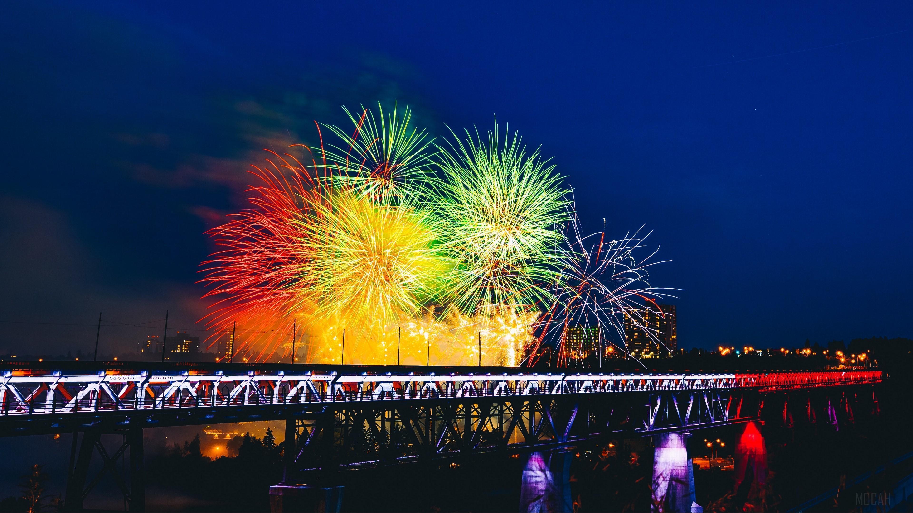 HD wallpaper, Colorful 4K, Holiday, Fireworks, Bridge